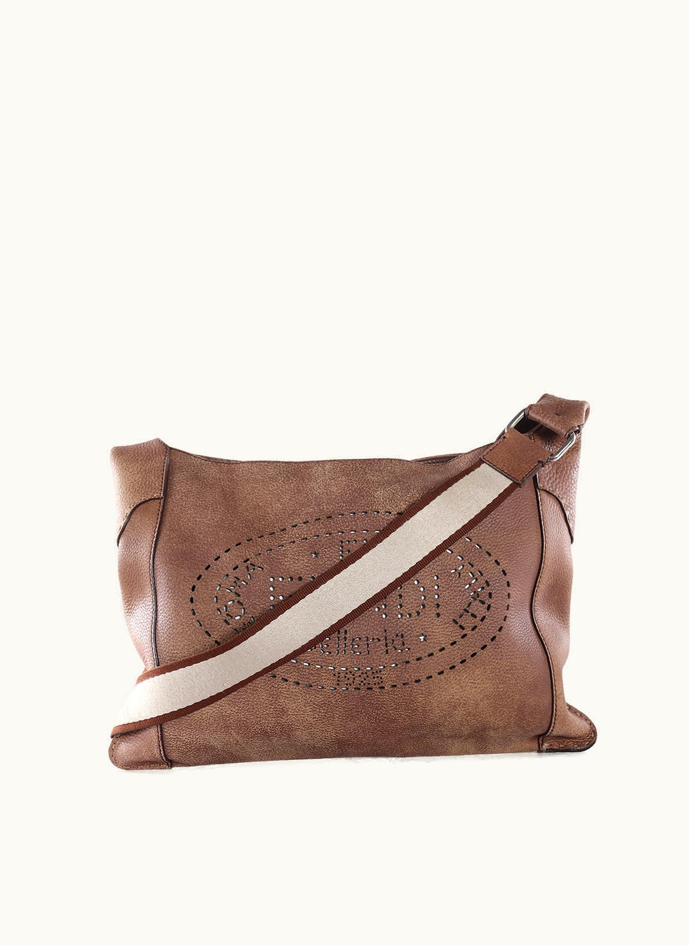 Fendi Brown Leather Stitched Logo Selleria Shoulder Bag