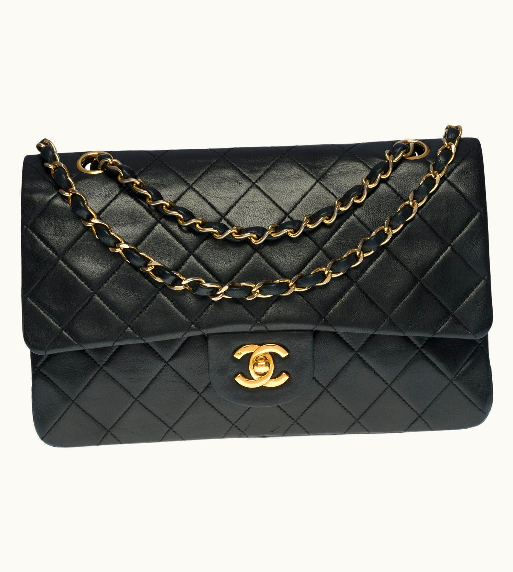 Chanel Timeless Medium Double Flap Shoulder Bag In Black Quilted Lambskin with Gold Hardware