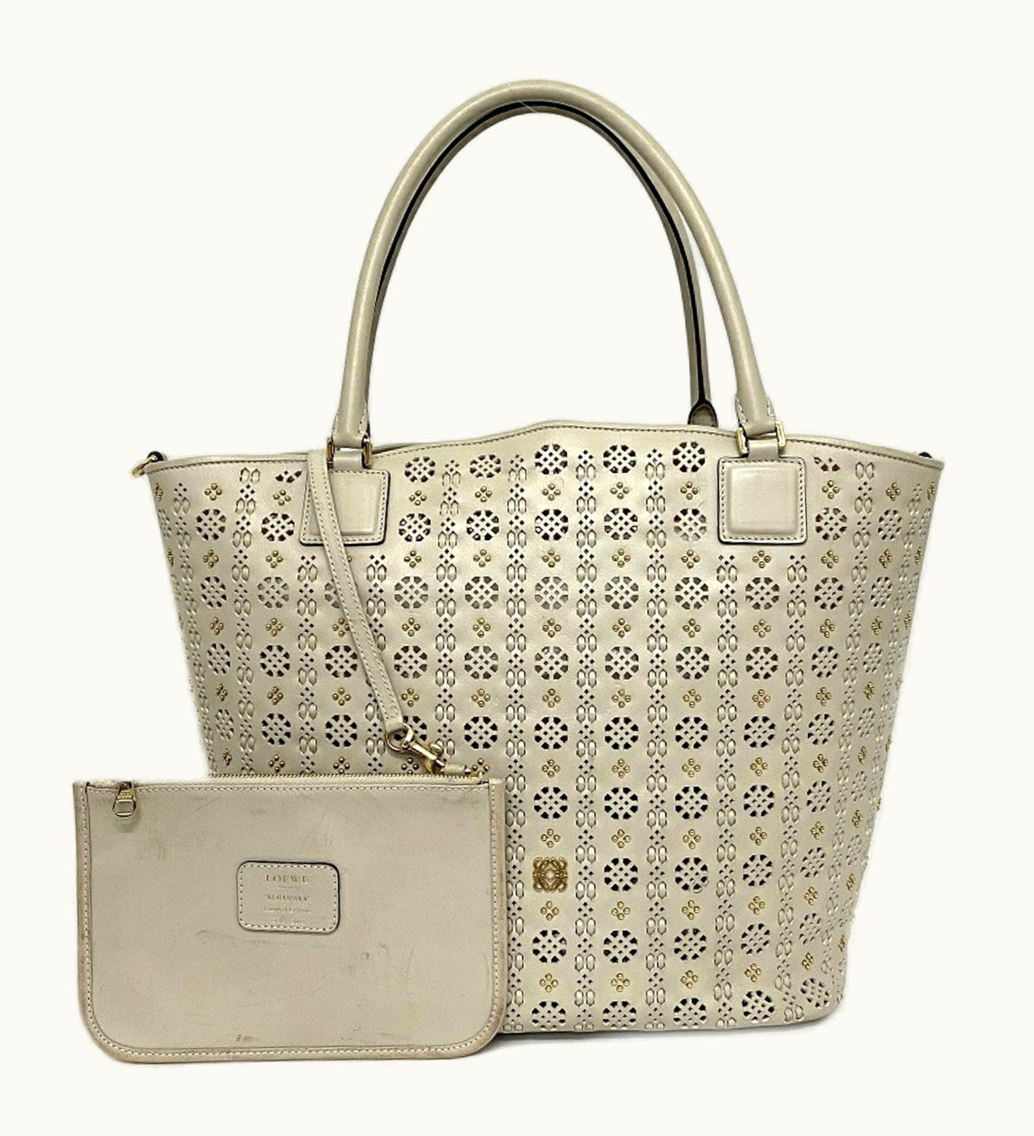 Loewe Light Beige Anagram 338 49 F41 Alhambra Limited Edition Calfskin Loewe Studs Punching Alhambra Stone Tote Bag