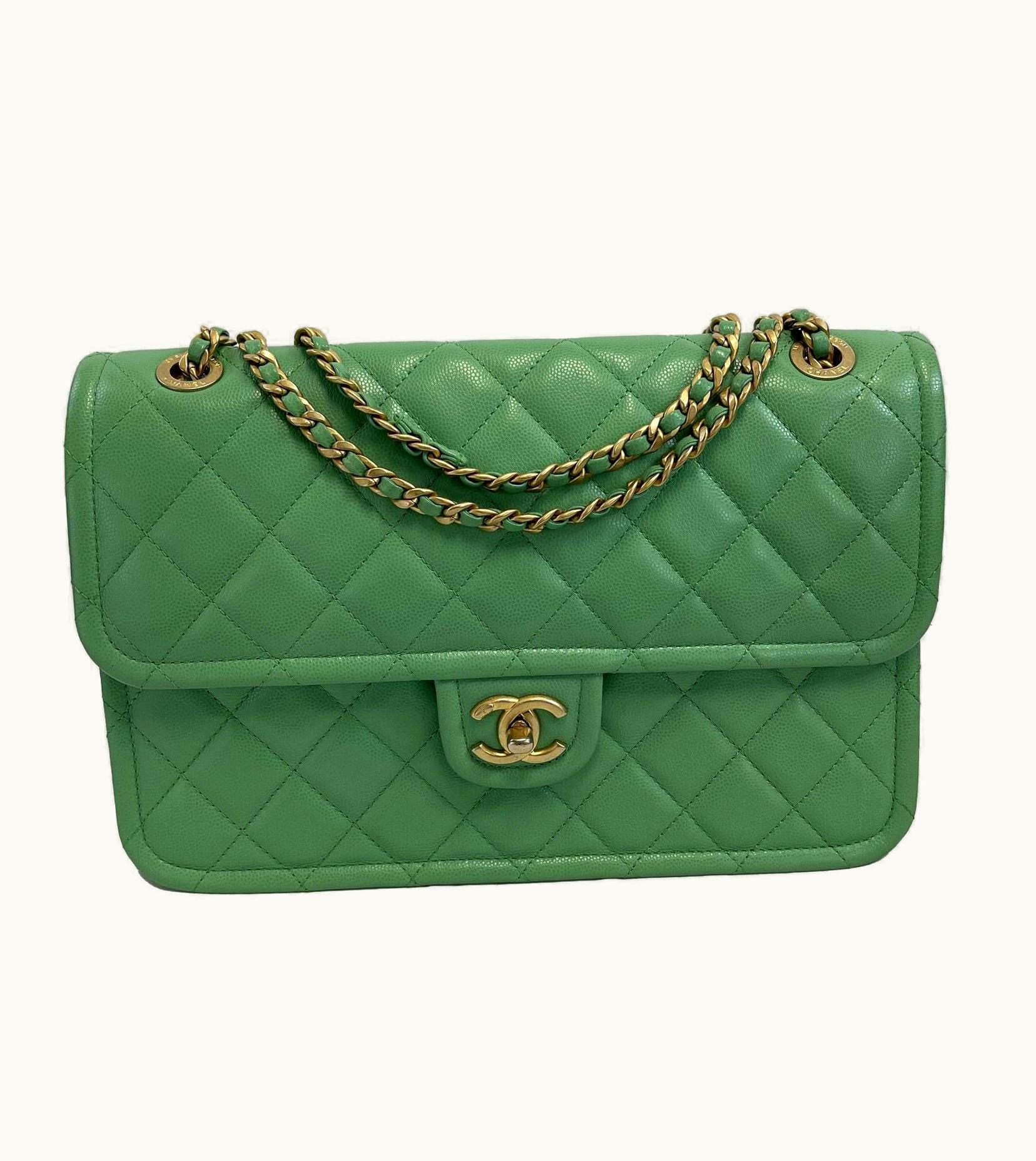 Chanel - 2021 CC Medium Diamond Caviar Leather Mint Green Sweet Single Flap