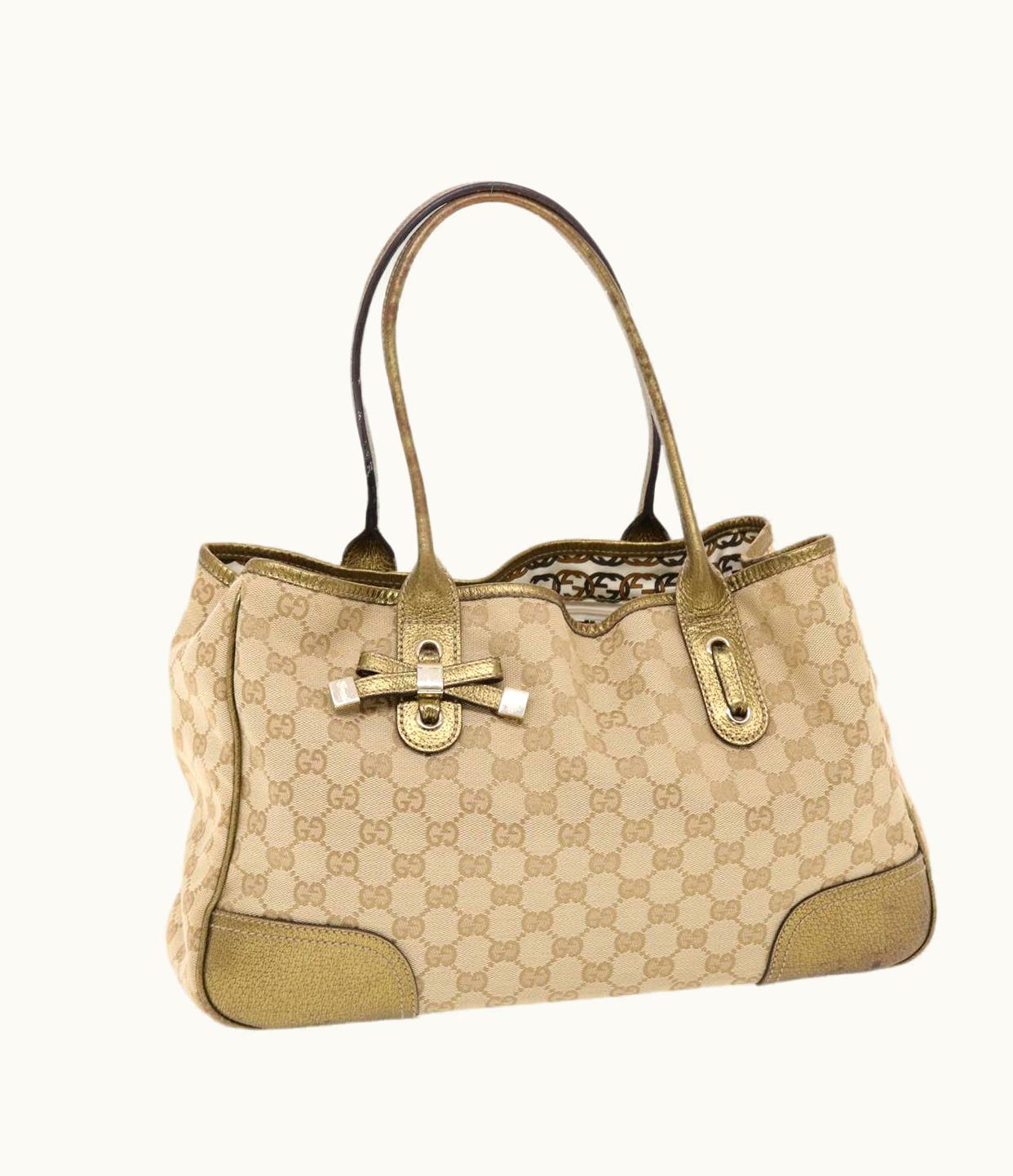 Gucci GG Canvas Princy Line Tote Bag Leather Gold Tone 163805