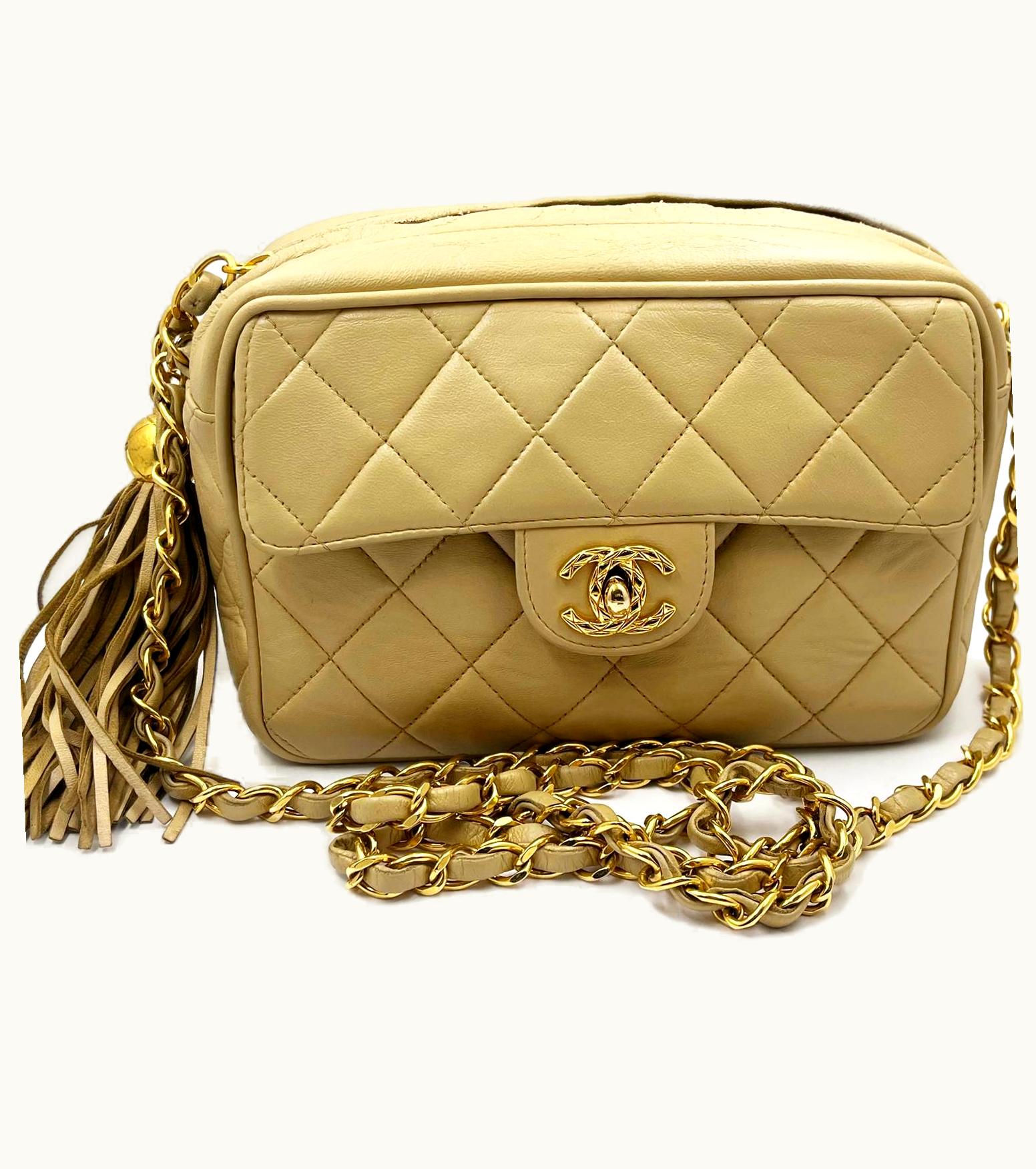 Chanel Vintage Beige Tassel Camera Small Cross Body Bag
