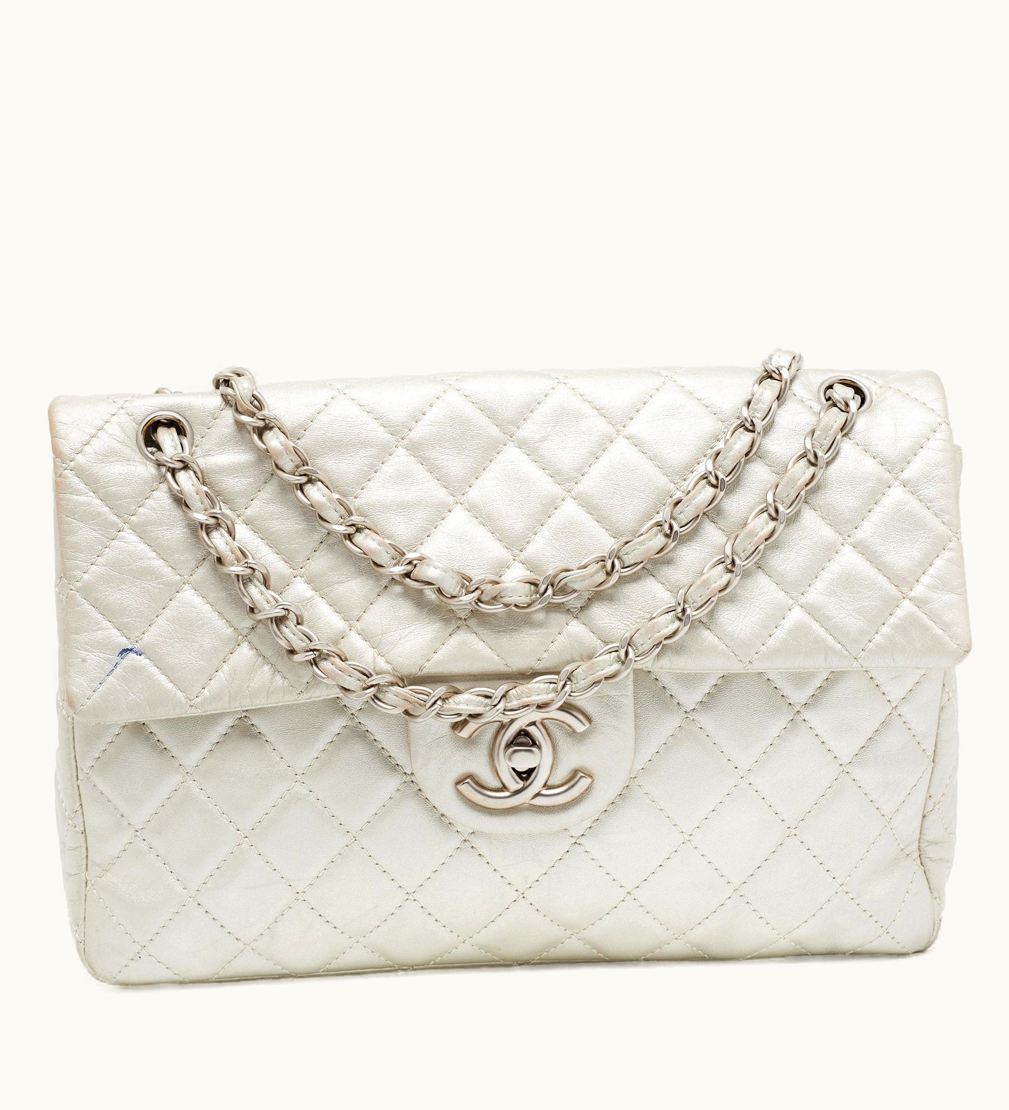 Chanel Chanel Metallic Grey Quilted Leather Maxi Classic Single Flap Bag