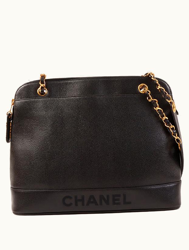 Chanel Chanel Around 1997 Made Caviar Skin Logo Embroidered Tote Bag Black