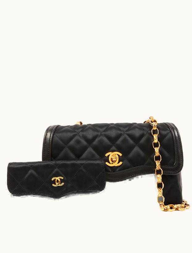 Chanel Chanel Around 1990 Made Leather Silk Satin Combination Design Flap Bijoux Chain Bag Mini Black