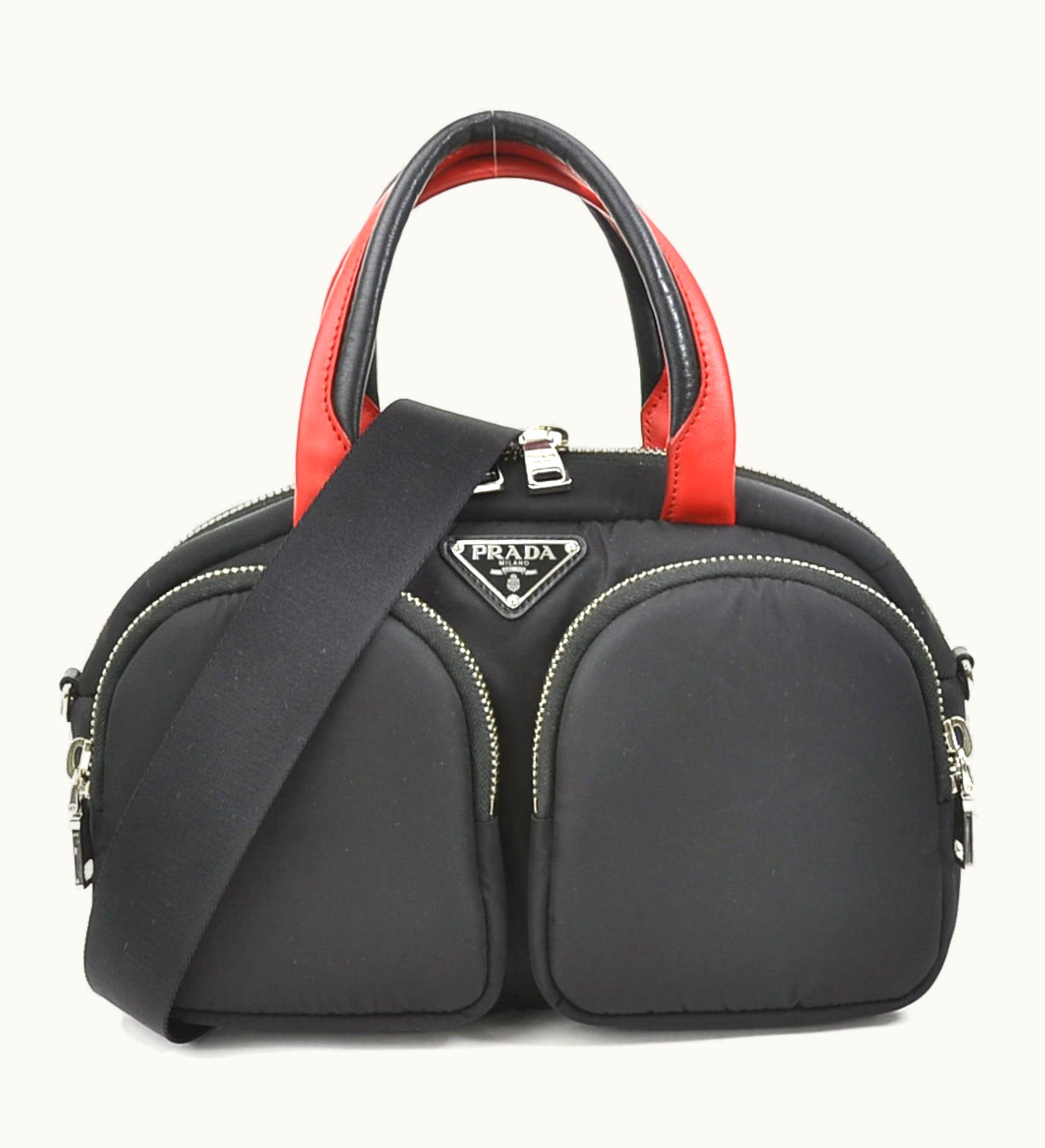 Prada Prada Handbag Diagonal Shoulder Bag Nylon Black X Red Unisex 1Bg049