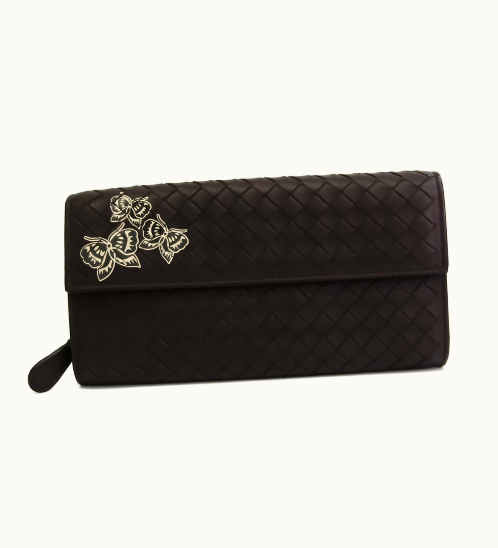 Bottega Veneta Bottega Veneta Intrecciato Butterfly Print Unisex Lambskin Long Wallet (Bi-Fold) Brown