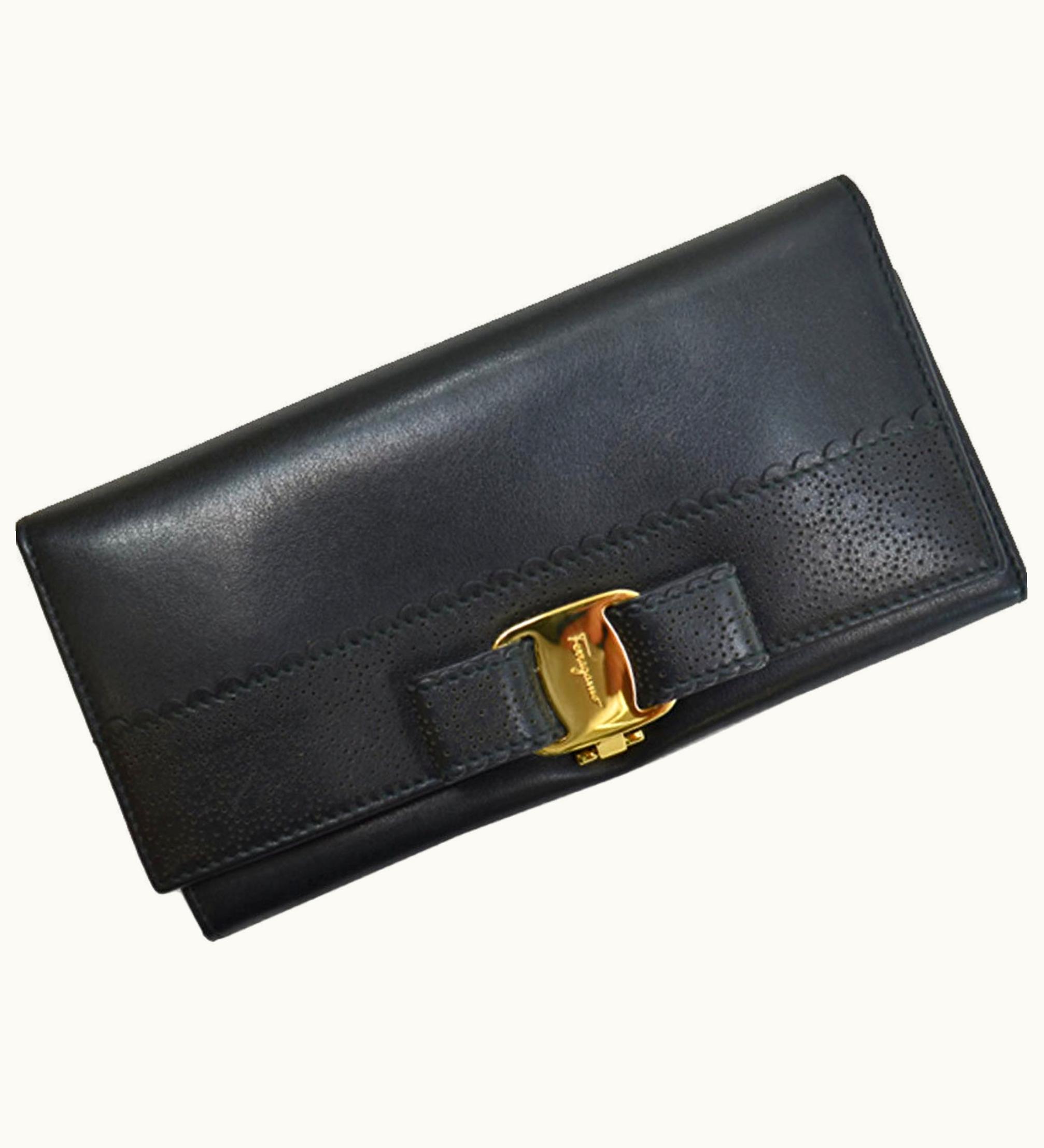 Salvatore Ferragamo Salvatore Ferragamo Long Wallet Vala Ribbon Black Gold Leather Bi-Fold Ladies