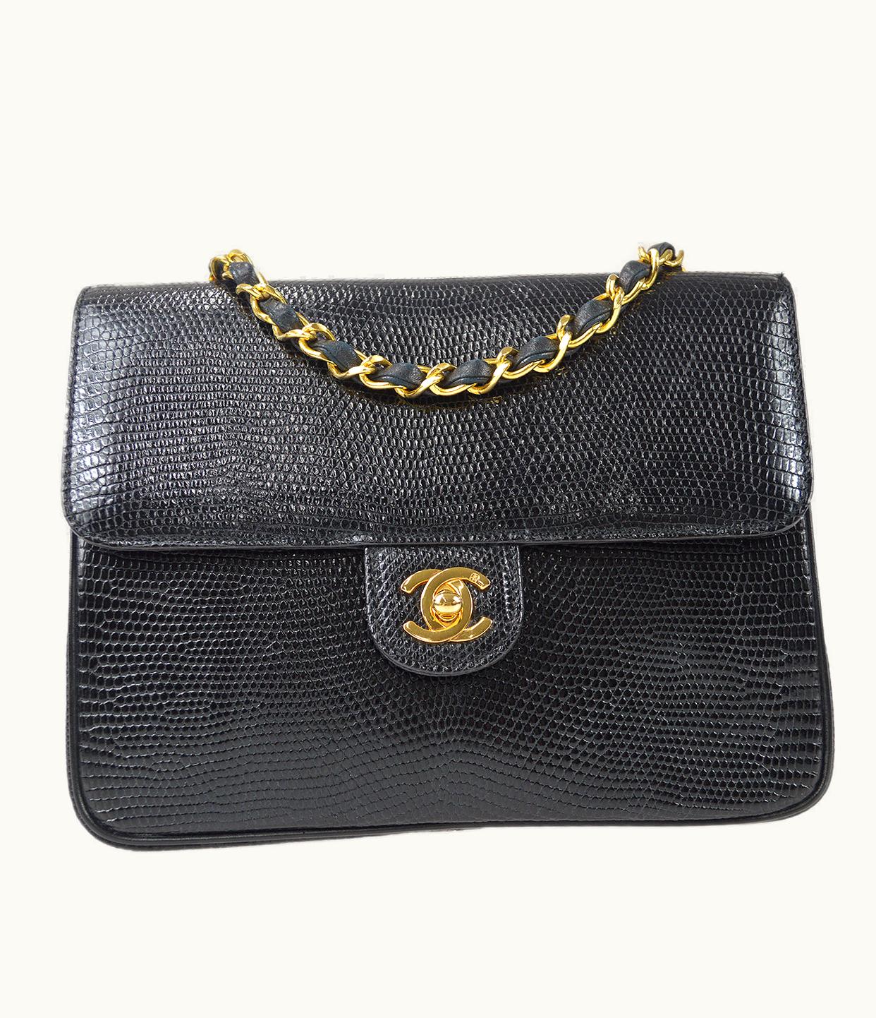 Chanel Chanel * 1989-1991 Classic Square Flap 20 Black Lizard 87982