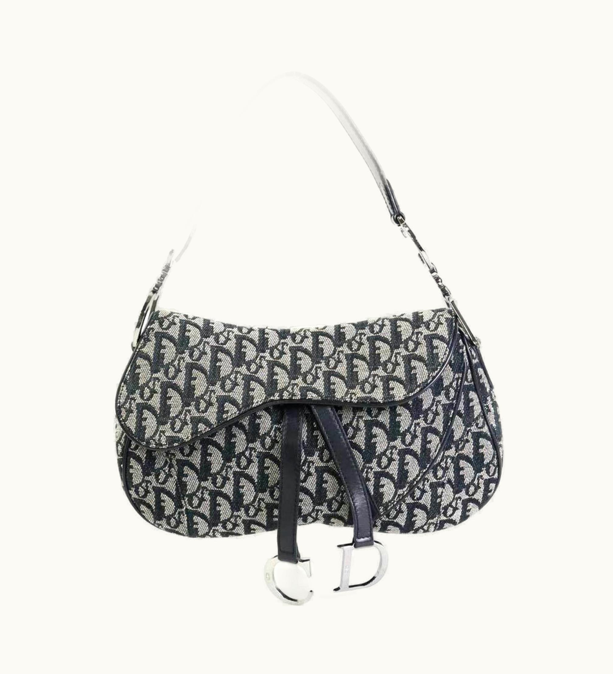 Dior Dior Christian Dior Shoulder Bag Trotter Double Saddle Canvas/Leather Gray/Black Silver Ladies