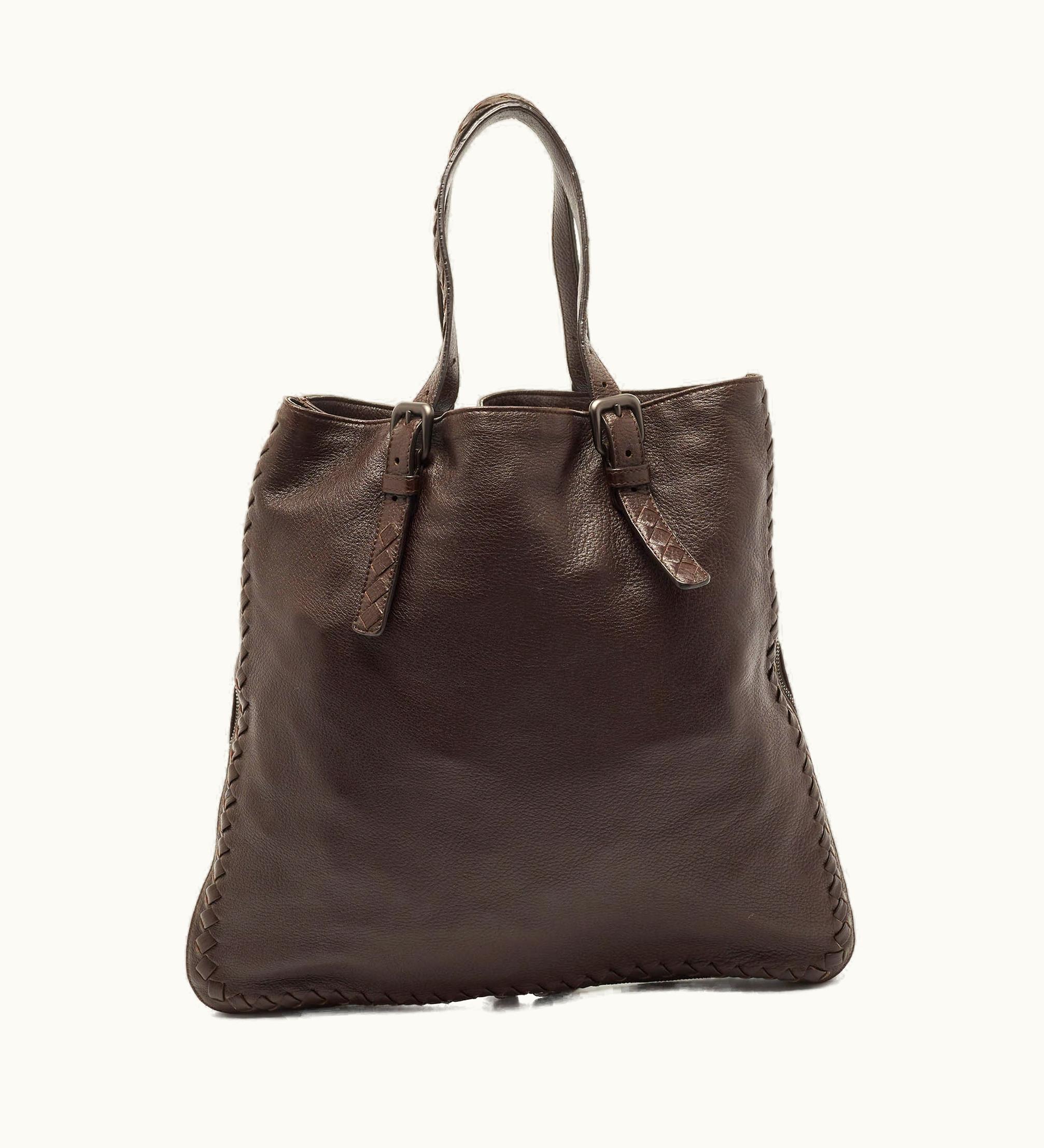 Bottega Veneta Bottega Veneta Dark Brown Intrecciato Trim Leather Expandable Tote