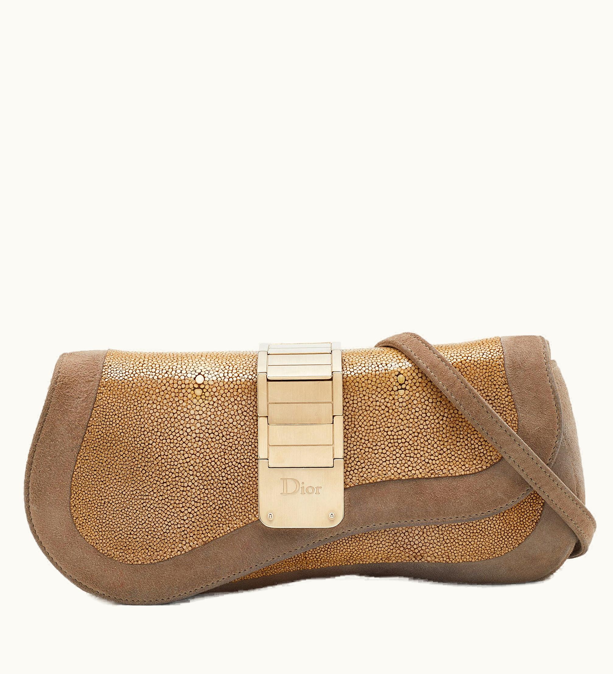 Dior Dior Grey/Beige Stringray And Suede Flap Saddle Shoulder Bag