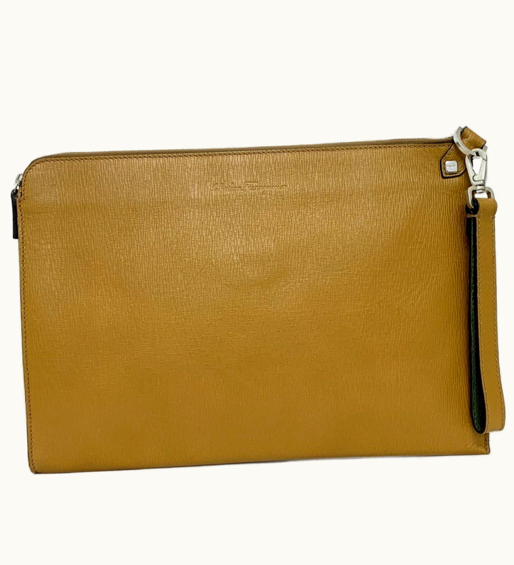 Salvatore Ferragamo Salvatore Ferragamo Ferragamo Clutch Bag Camel Fz-24 9406 Leather With Strap Salvatore Ferragamo-Bag Embossed Men's Second