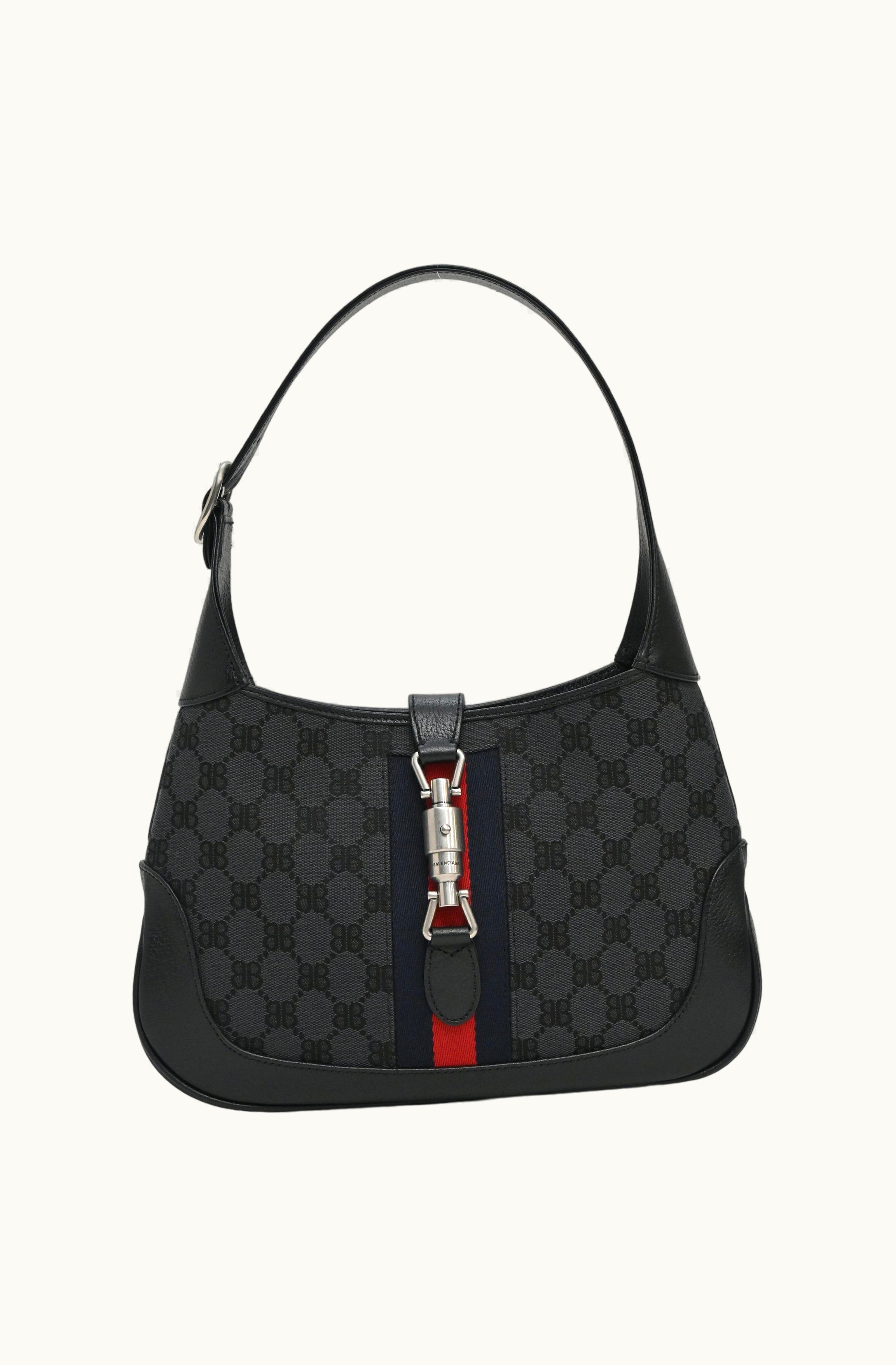 Gucci Gucci X Balenciaga 'The Hacker Project' Black Coated BB Monogram Canvas And Leather Jackie 1961 Hobo Bag