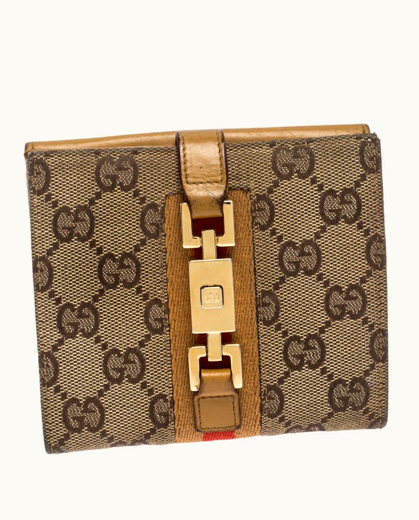 Gucci Gucci Tan/Beige GG Canvas And Leather Jackie Compact Wallet