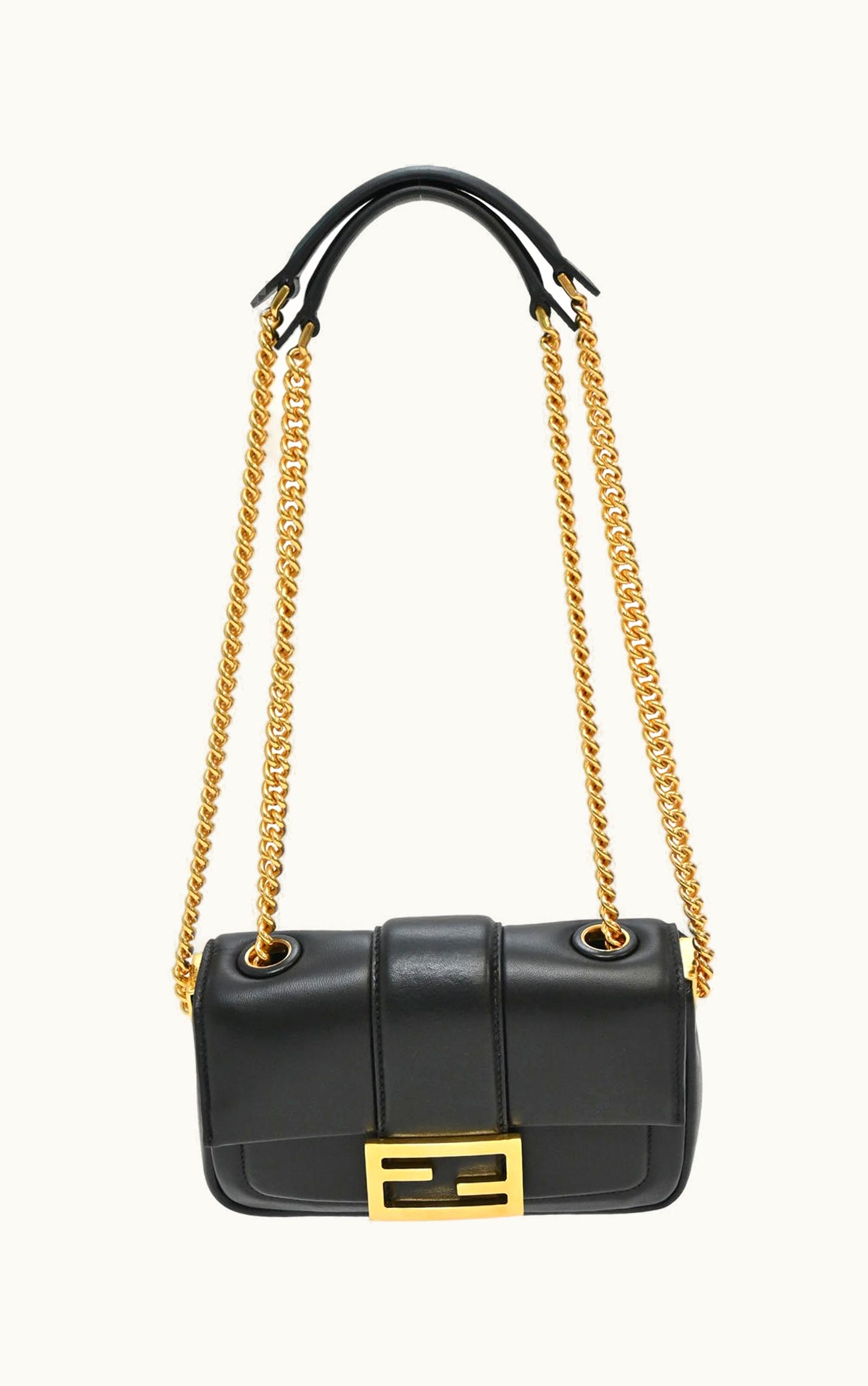 Fendi Fendi Black Nappa Leather Baguette Mini Chain Crossbody Bag With Gold-Tone Metallic Hardware