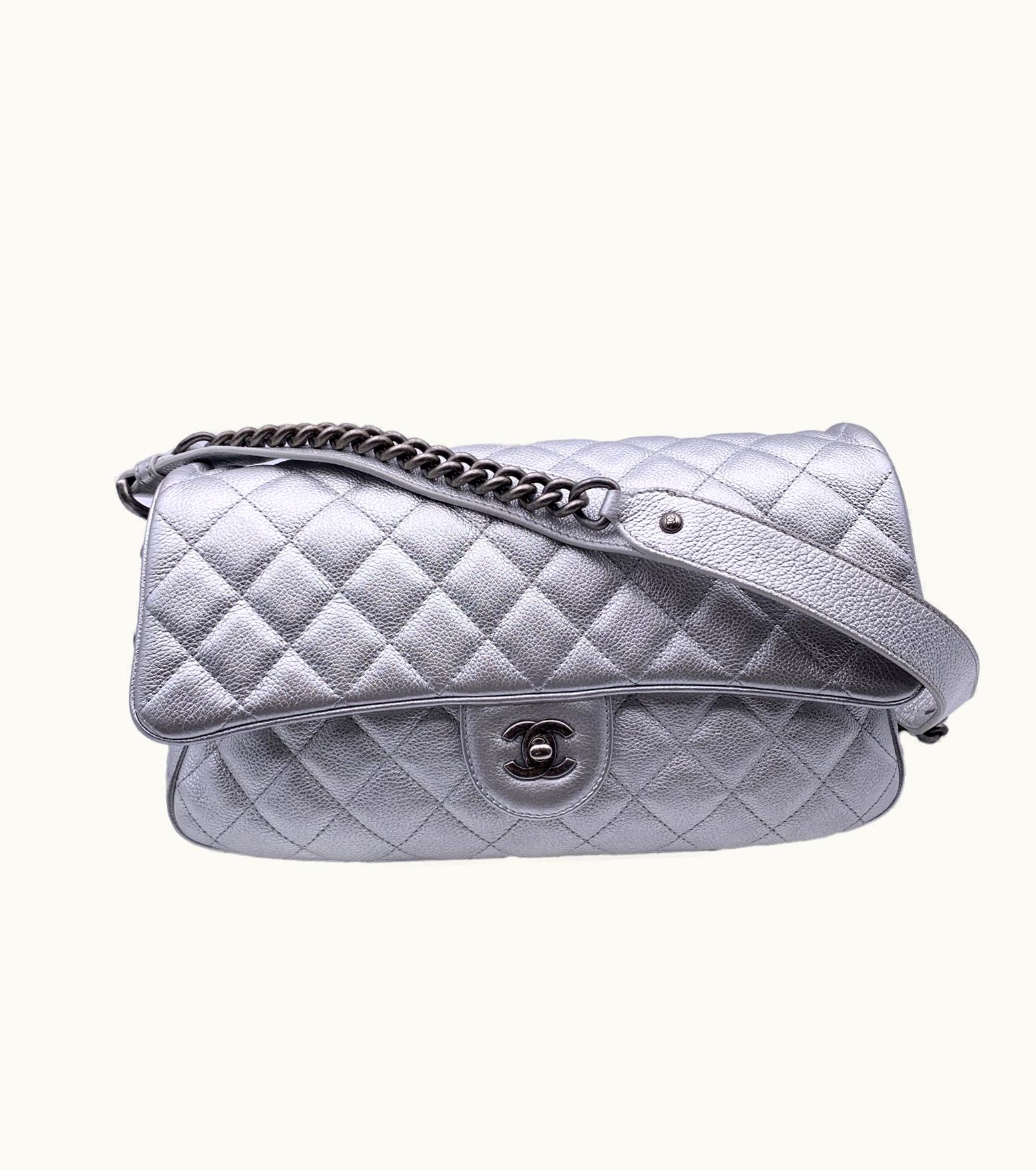 Chanel Chanel Airline 2016 'Easy Flap' Silver Metal Quilted Leather Shoulder Bag