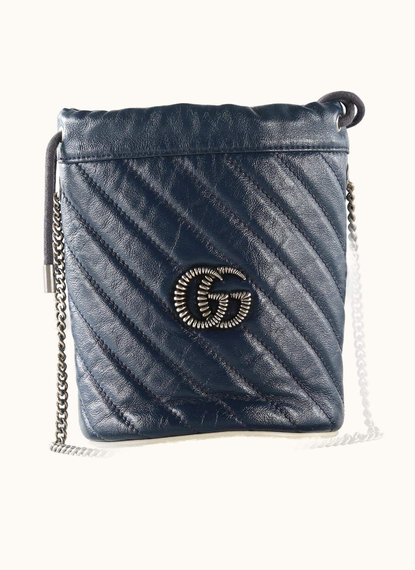 Gucci Gucci Navy Blue Leather GG Mini Bucket Crossbody Bag