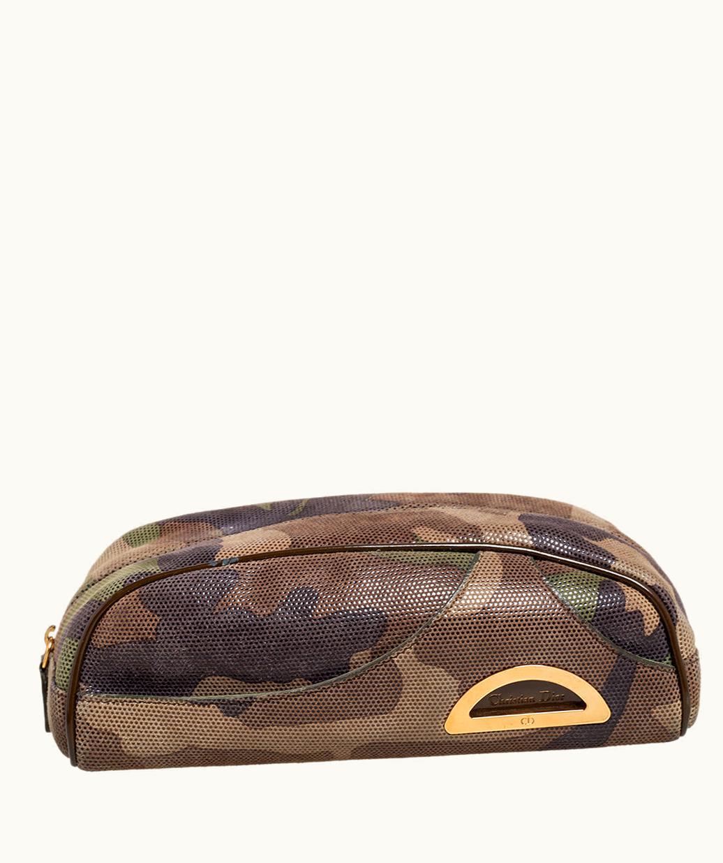 Dior Dior Signature Green Camouflage Print Shimmer Leather Zip Pouch