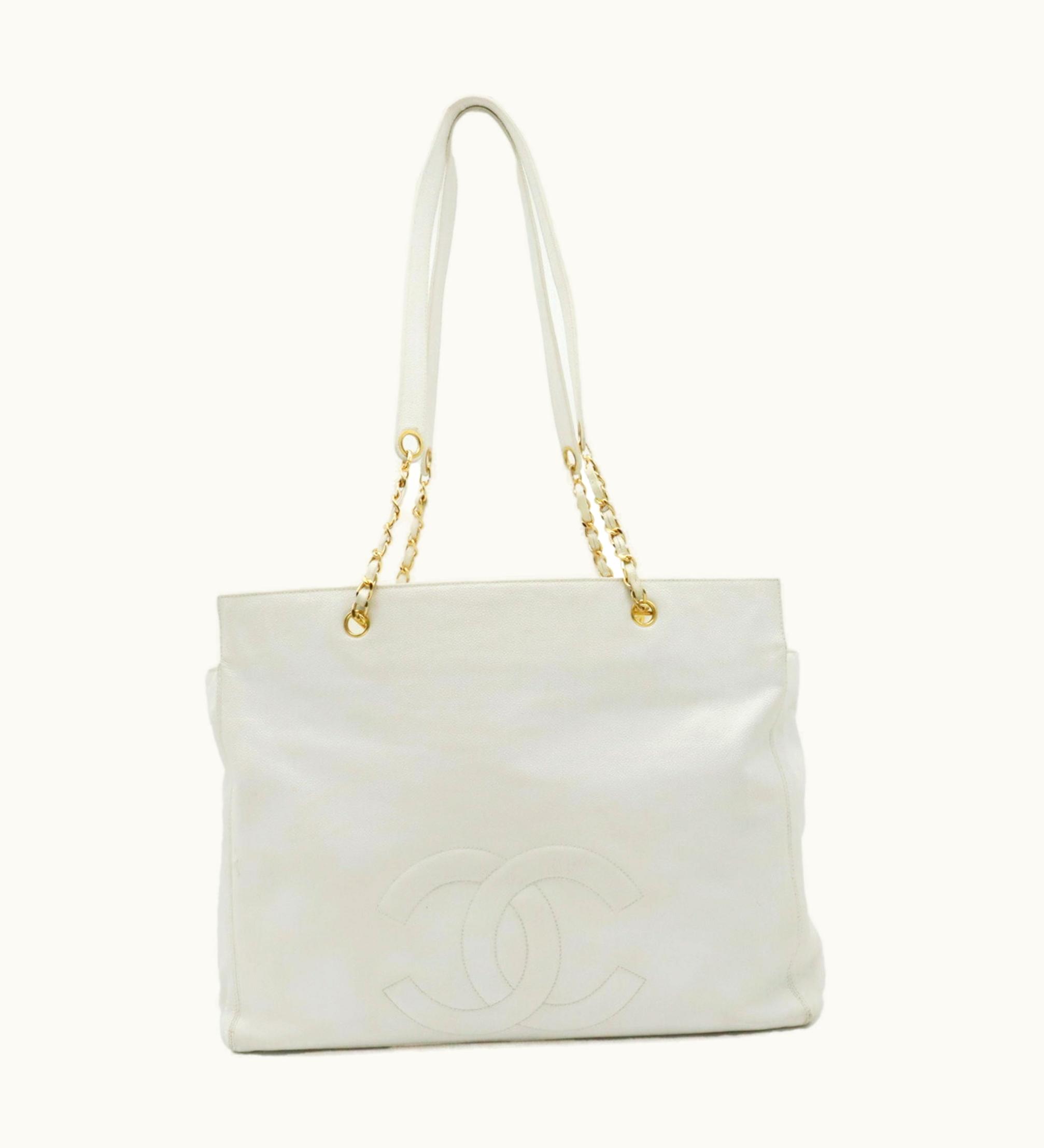 Chanel Chanel Caviar Skin Coco Mark Chain Tote Bag Shoulder Leather White