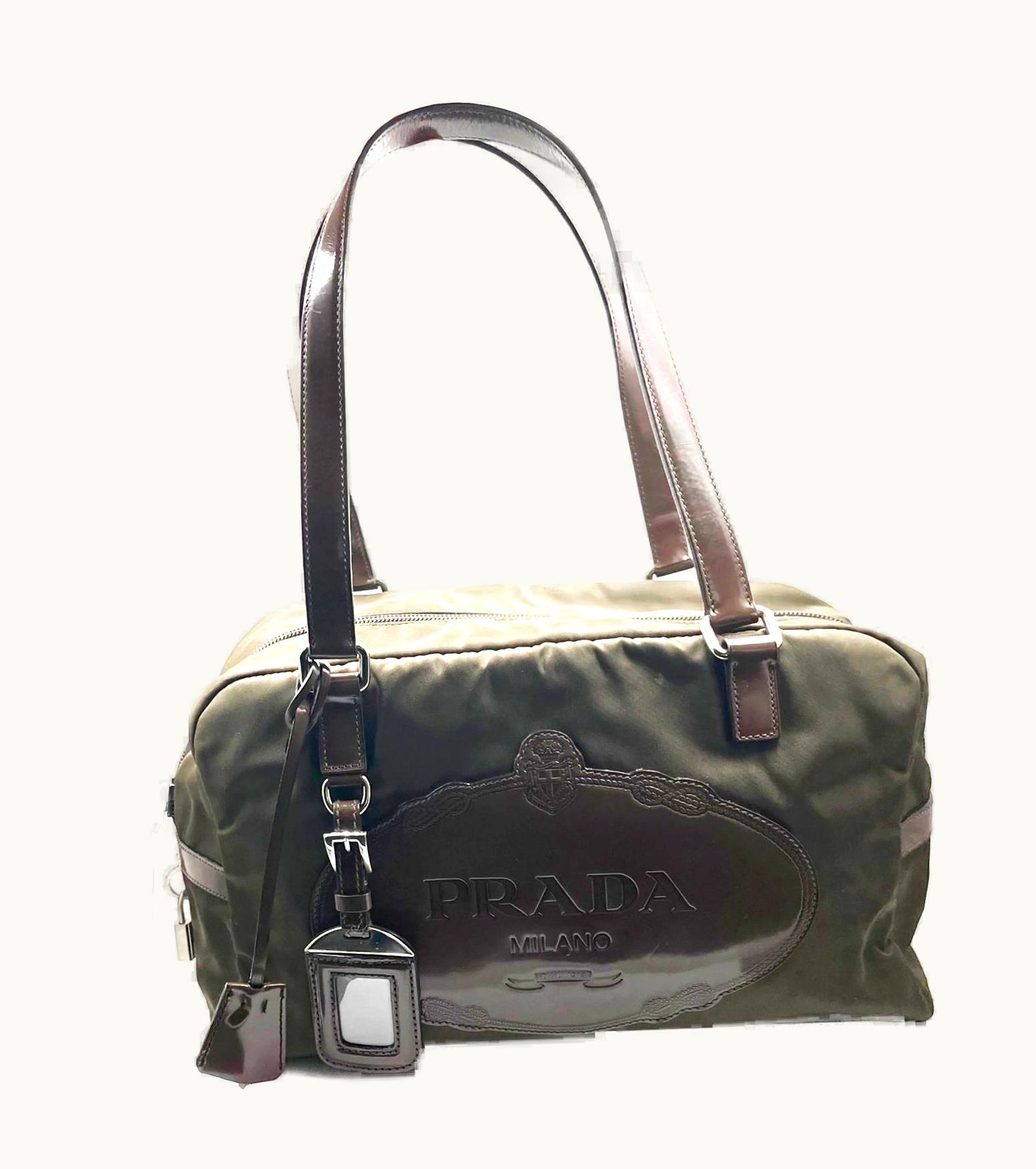 Prada Prada Dark Olive Leather Nylon Boston Bowling Bag