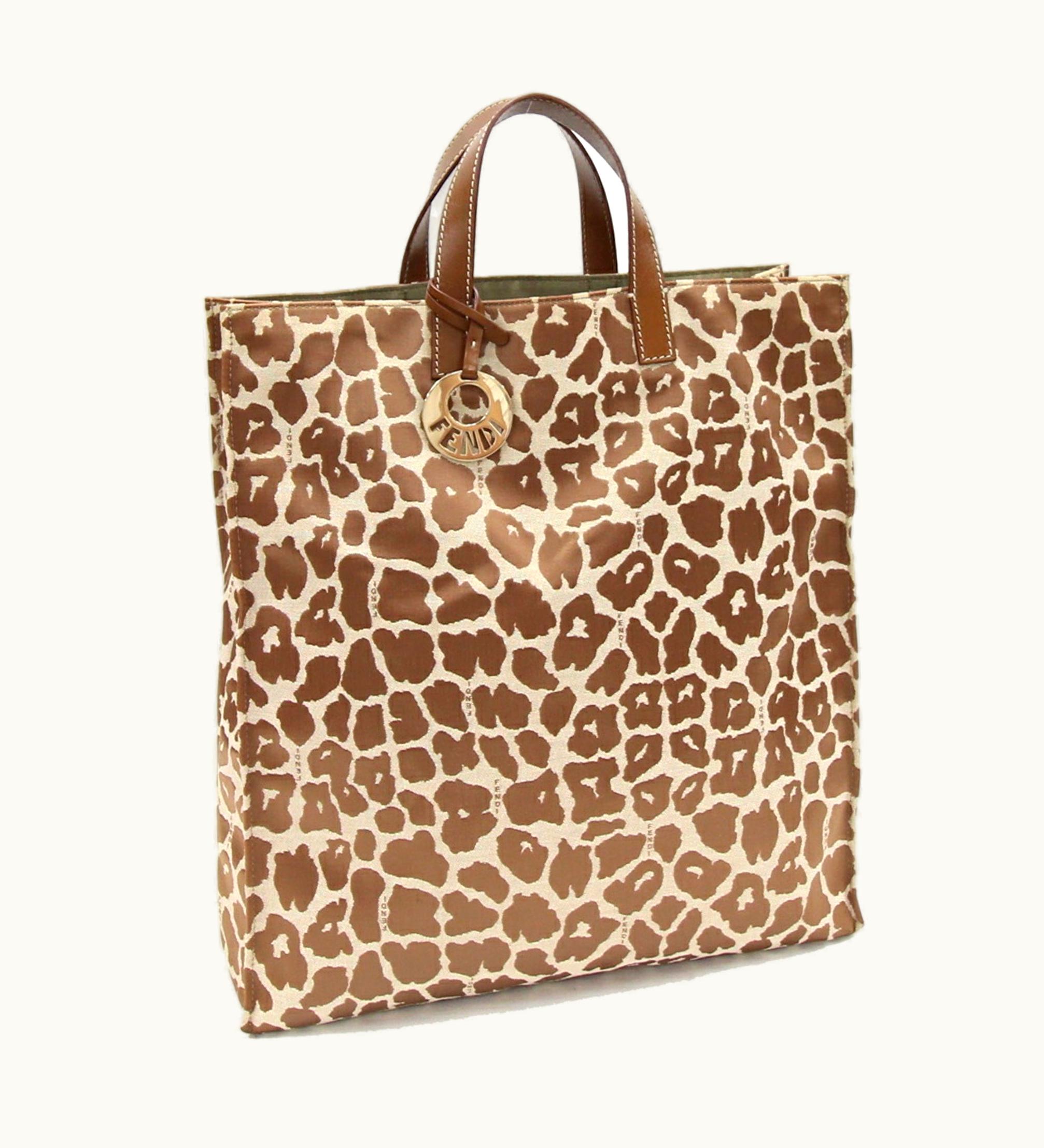 Fendi Fendi Handbag Leopard 8Bh173 Brown Beige Nylon Canvas Leather Ladies Print