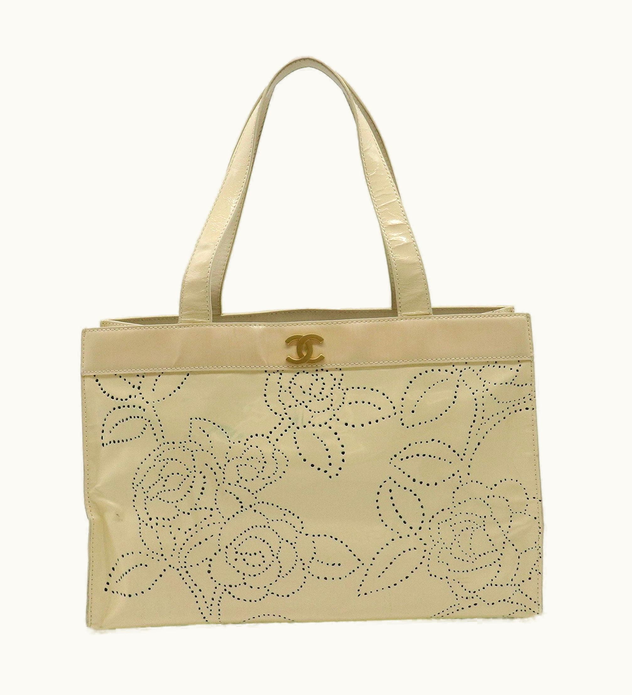 Chanel Chanel Camellia Punching Here Mark Tote Bag Handbag Enamel Ivory