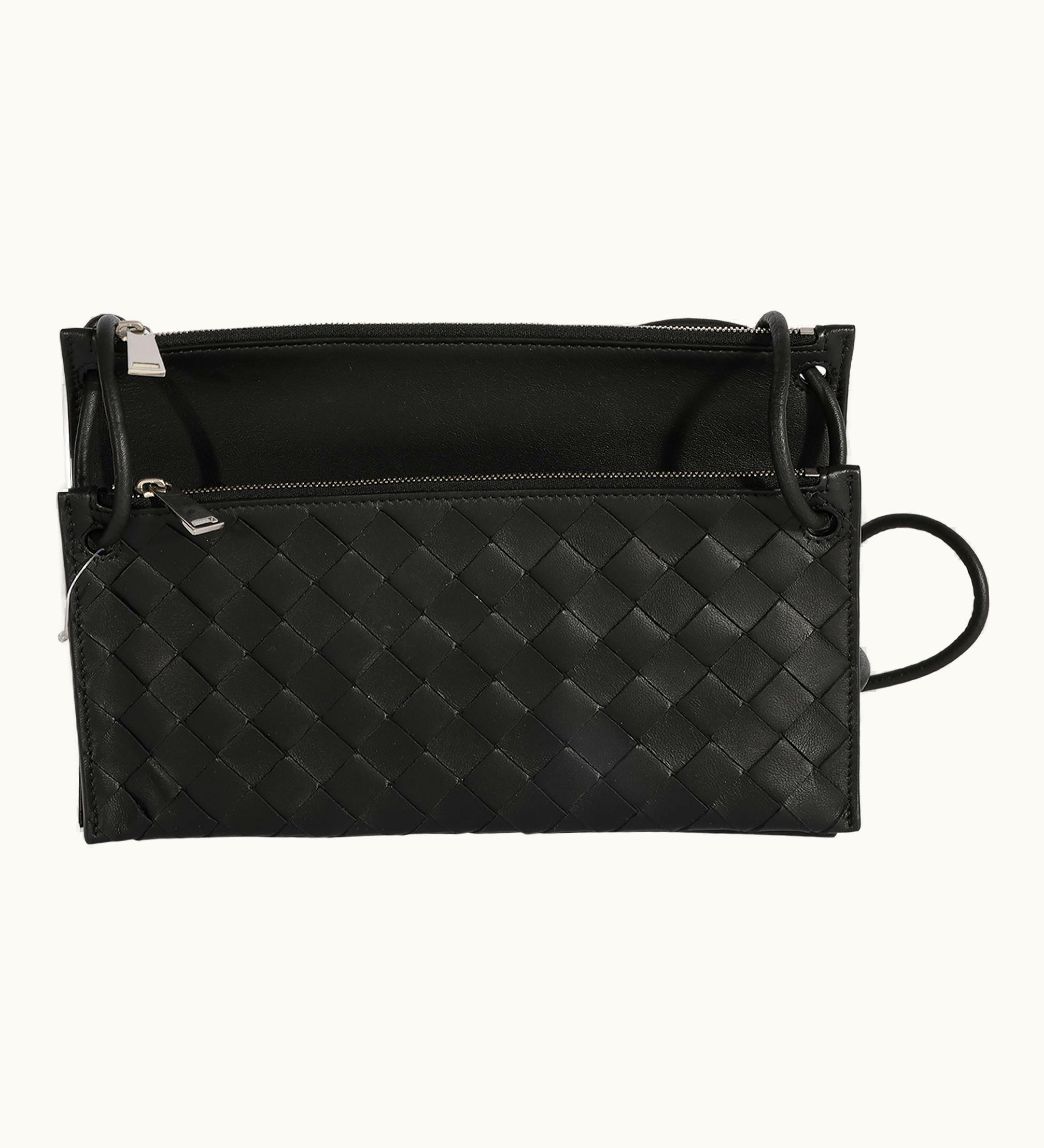 Bottega Veneta Bottega Veneta Black Intrecciato Leather Double Pouch Crossbody