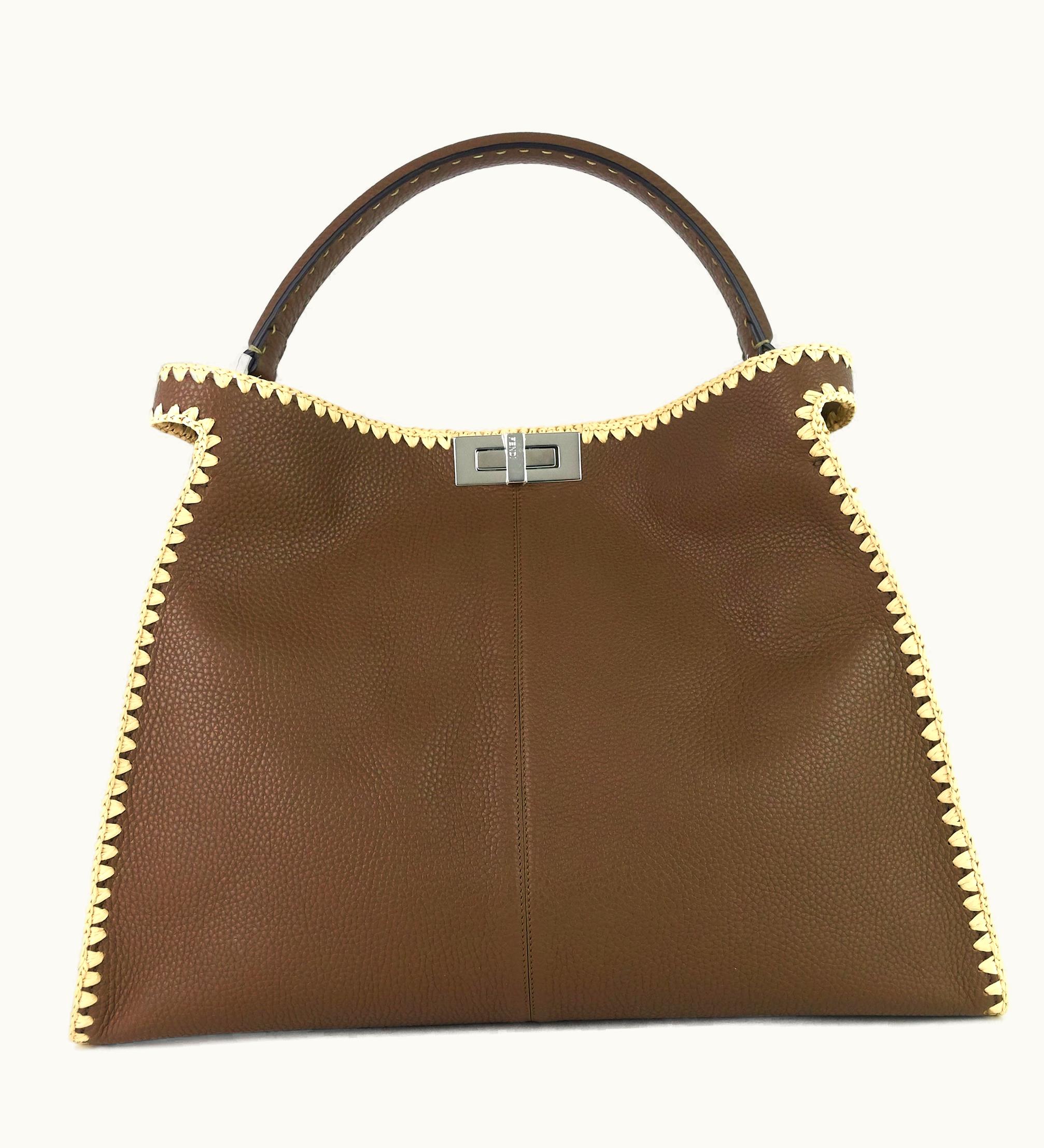 Fendi Fendi Peekaboo X-Lite Large Pebbled Calfskin And Raffia Tote Bag