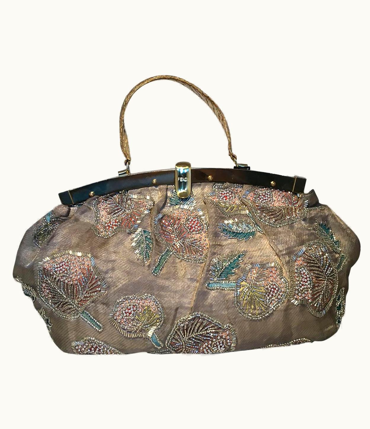 Fendi Fendi Sheer Silk Organza Hand Beaded Floral Embroidered Tote - Grey