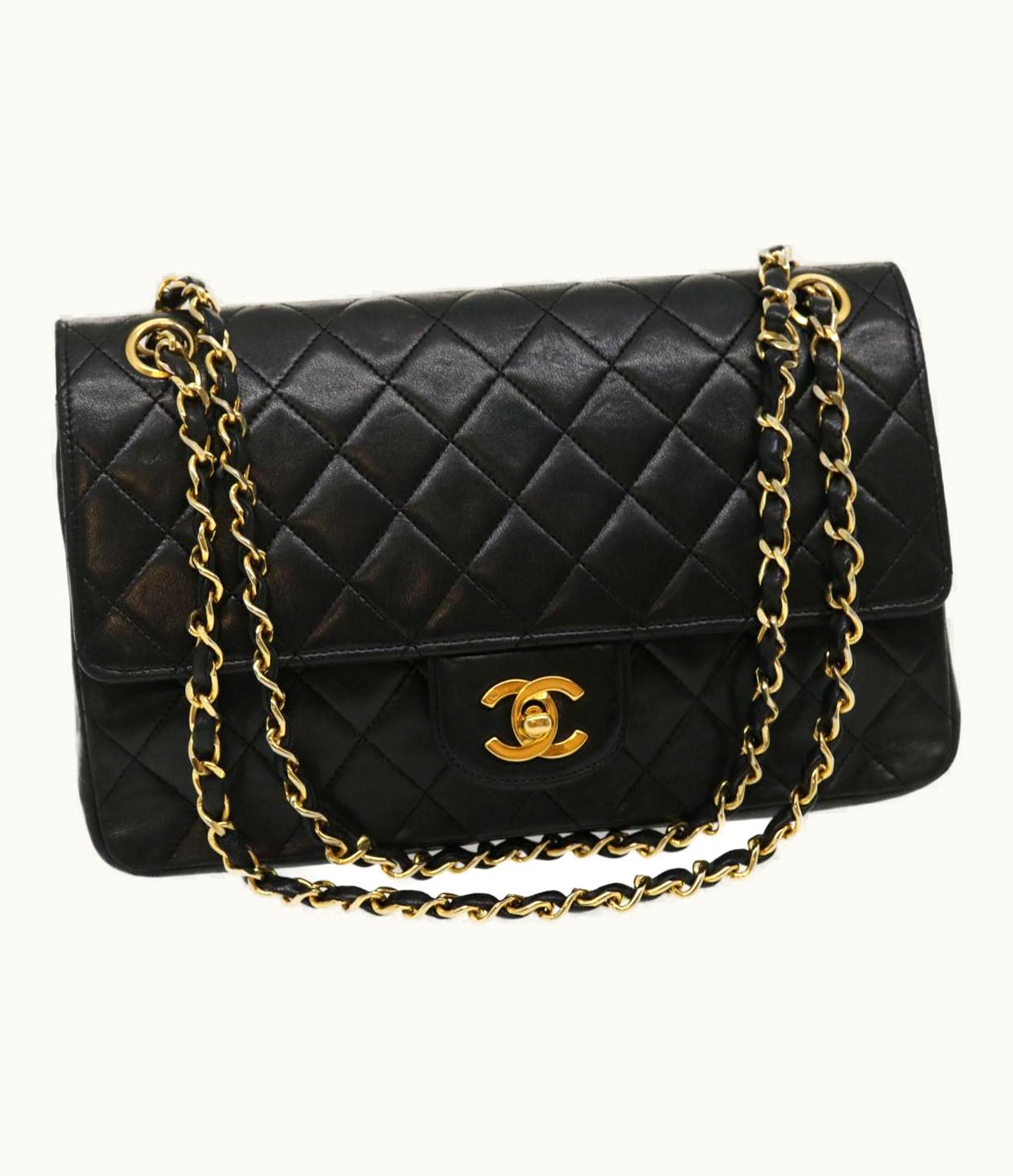 Chanel Chanel Matelasse25 Chain Double Flap Shoulder Bag Lamb Skin Black CC
