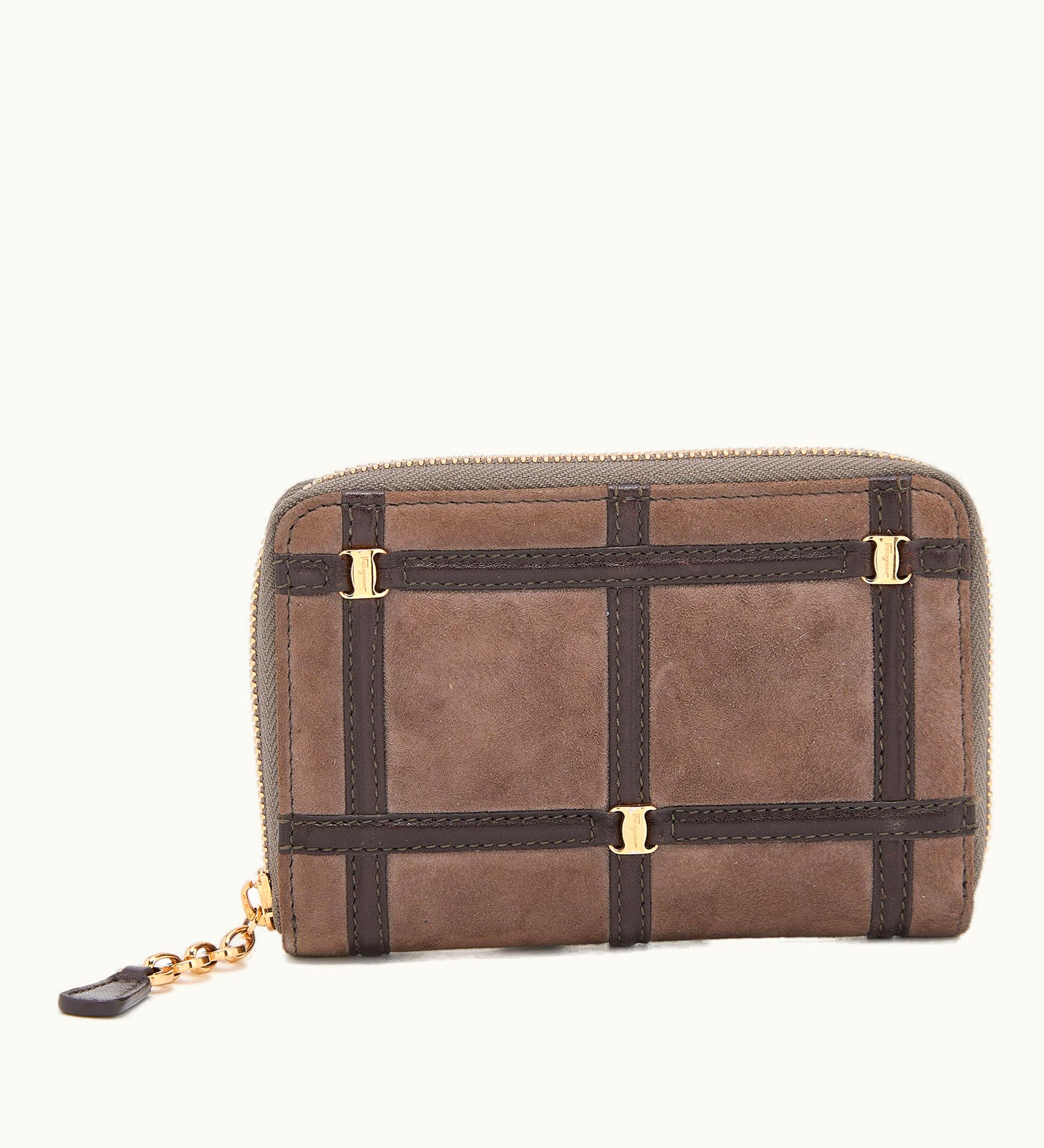 Salvatore Ferragamo Salvatore Ferragamo Brown Alcantara And Leather Zip Around Compact Wallet