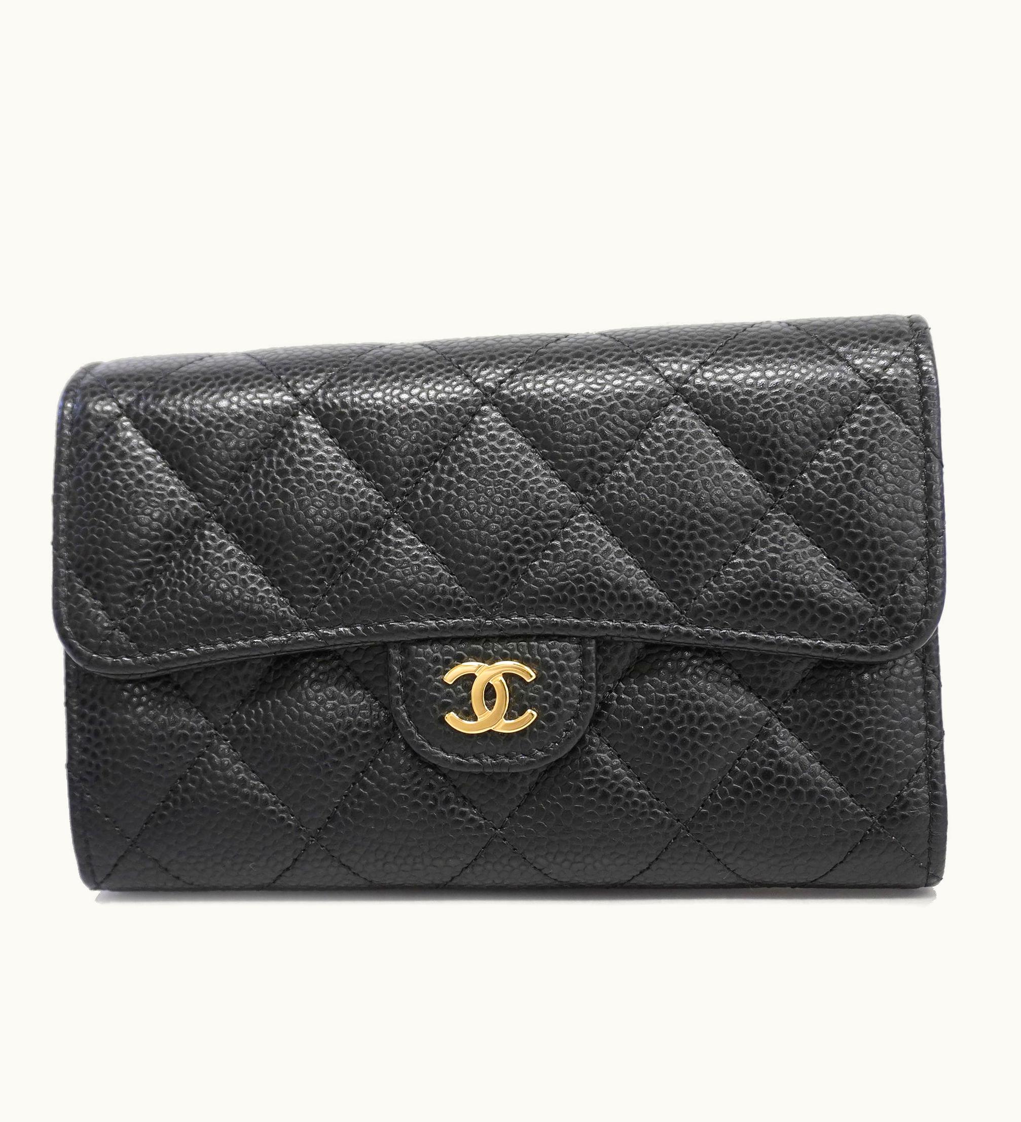 Chanel Chanel Auth Matelasse Tri-fold Wallet Women's Caviar Leather Wallet Black Gold