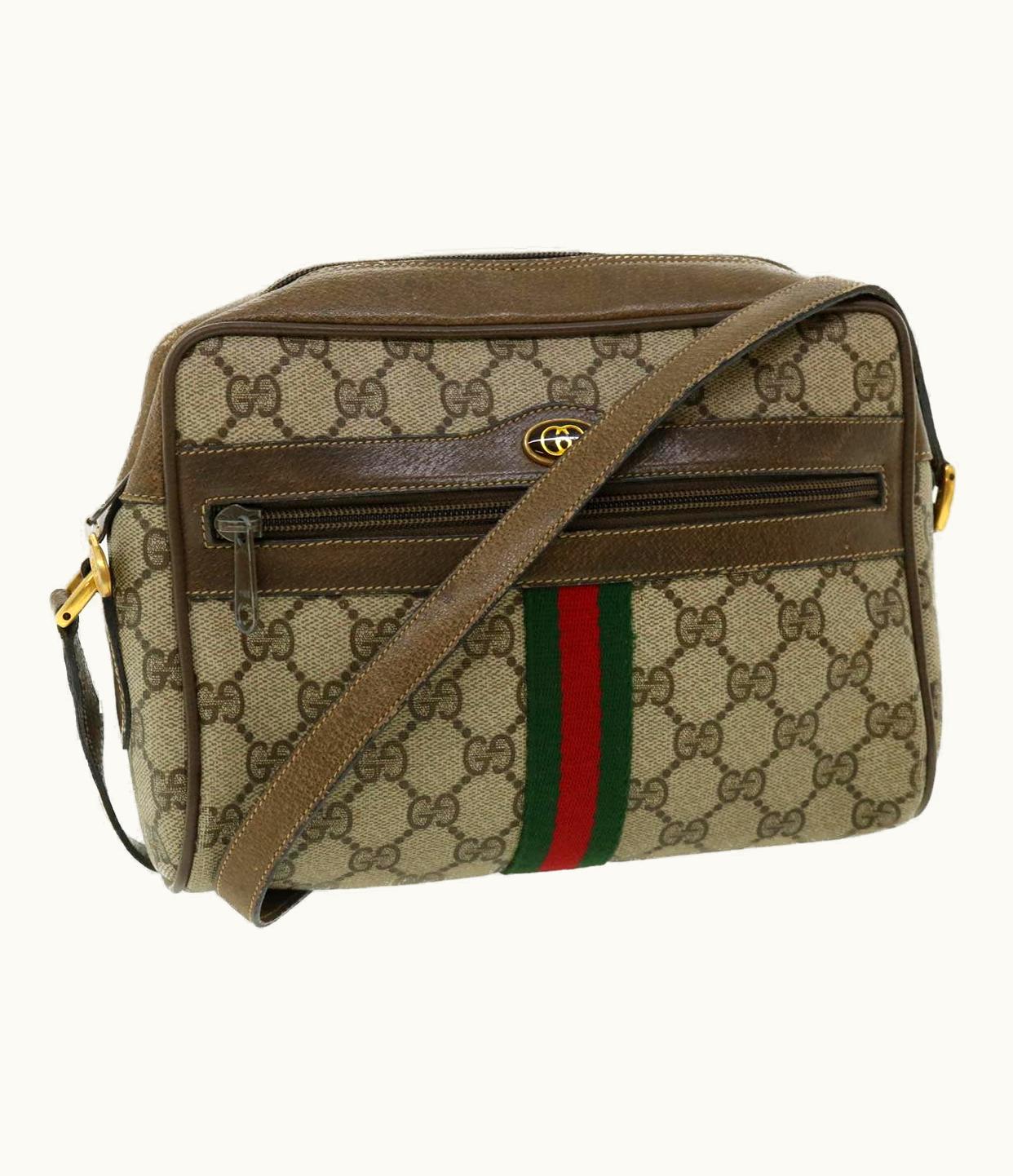 Gucci Gucci GG Canvas Web Sherry Line Shoulder Bag Beige Green 98.02.004