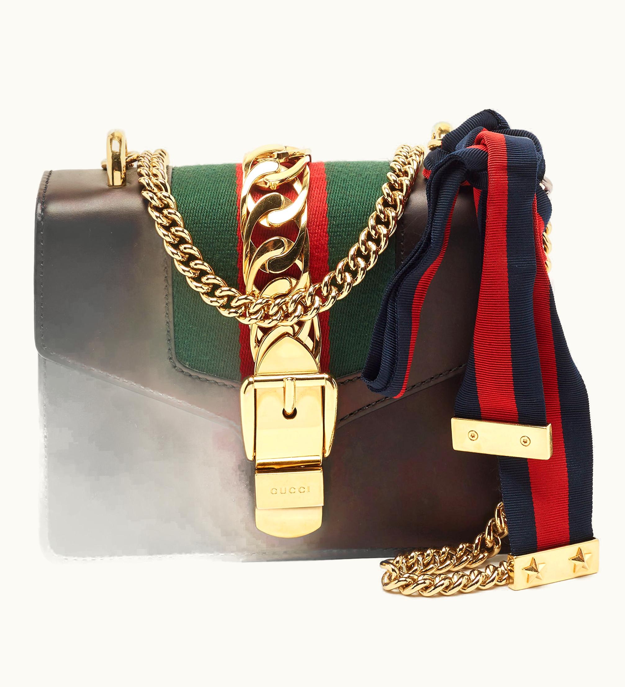 Gucci Gucci Sylvie Flame Web Chain Leather Mini Crossbody Bag Black