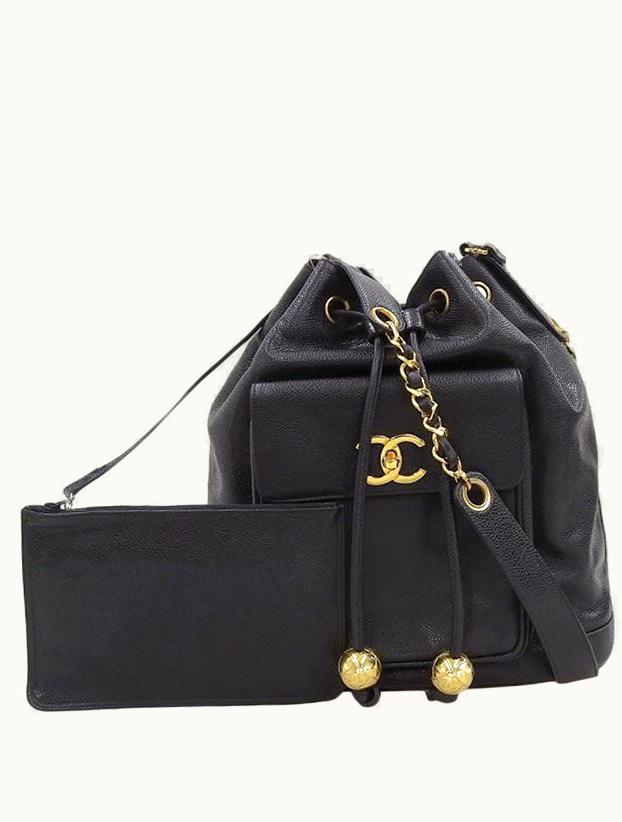 Chanel Chanel Around 1995 Made Caviar Skin Turn-Lock Drawstring Shoulder Bag With Pouch Black