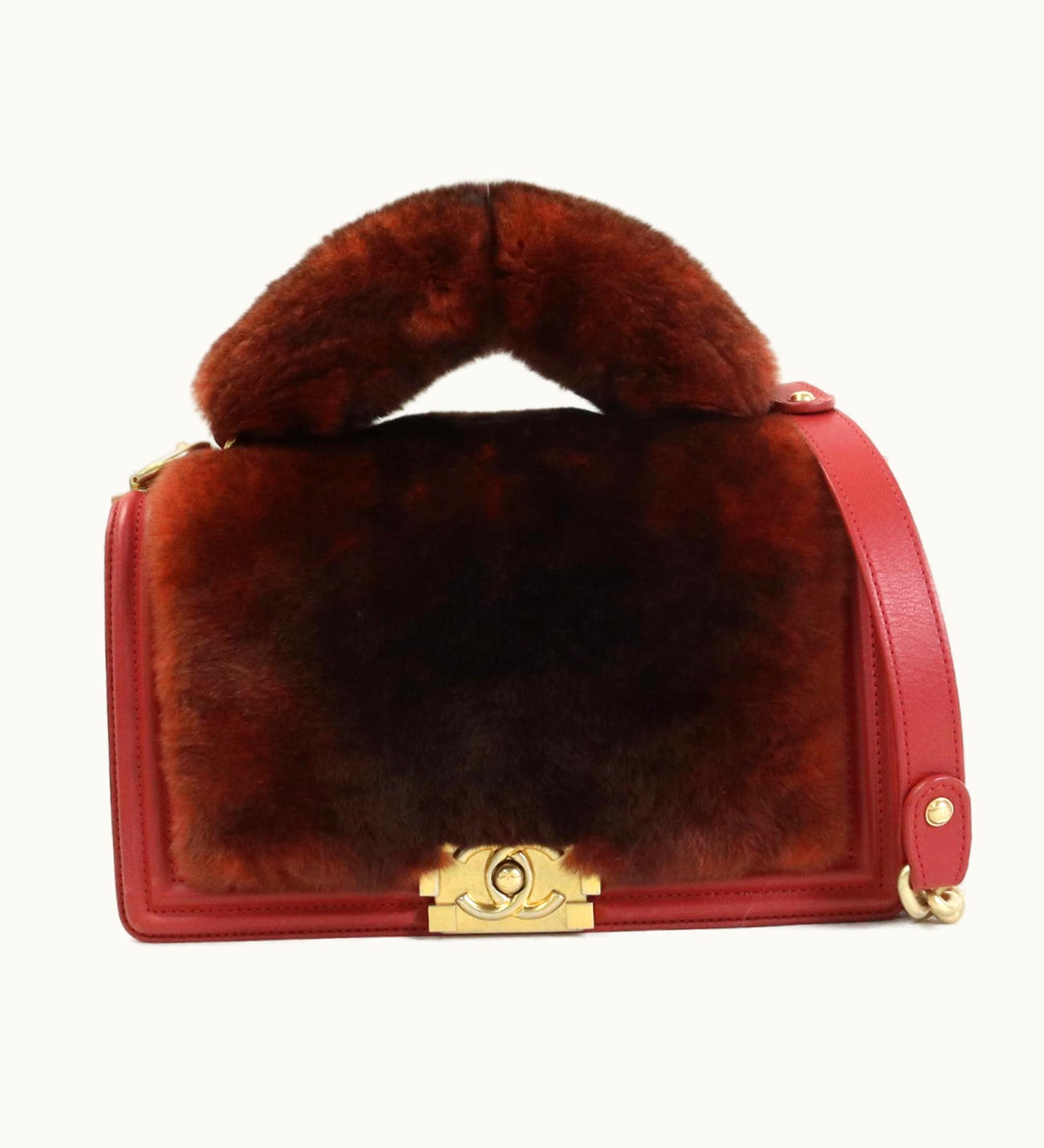 Chanel Chanel Handbag Diagonal Shoulder Bag Boy Fur/Leather Brown Red Gold Ladies E55871A