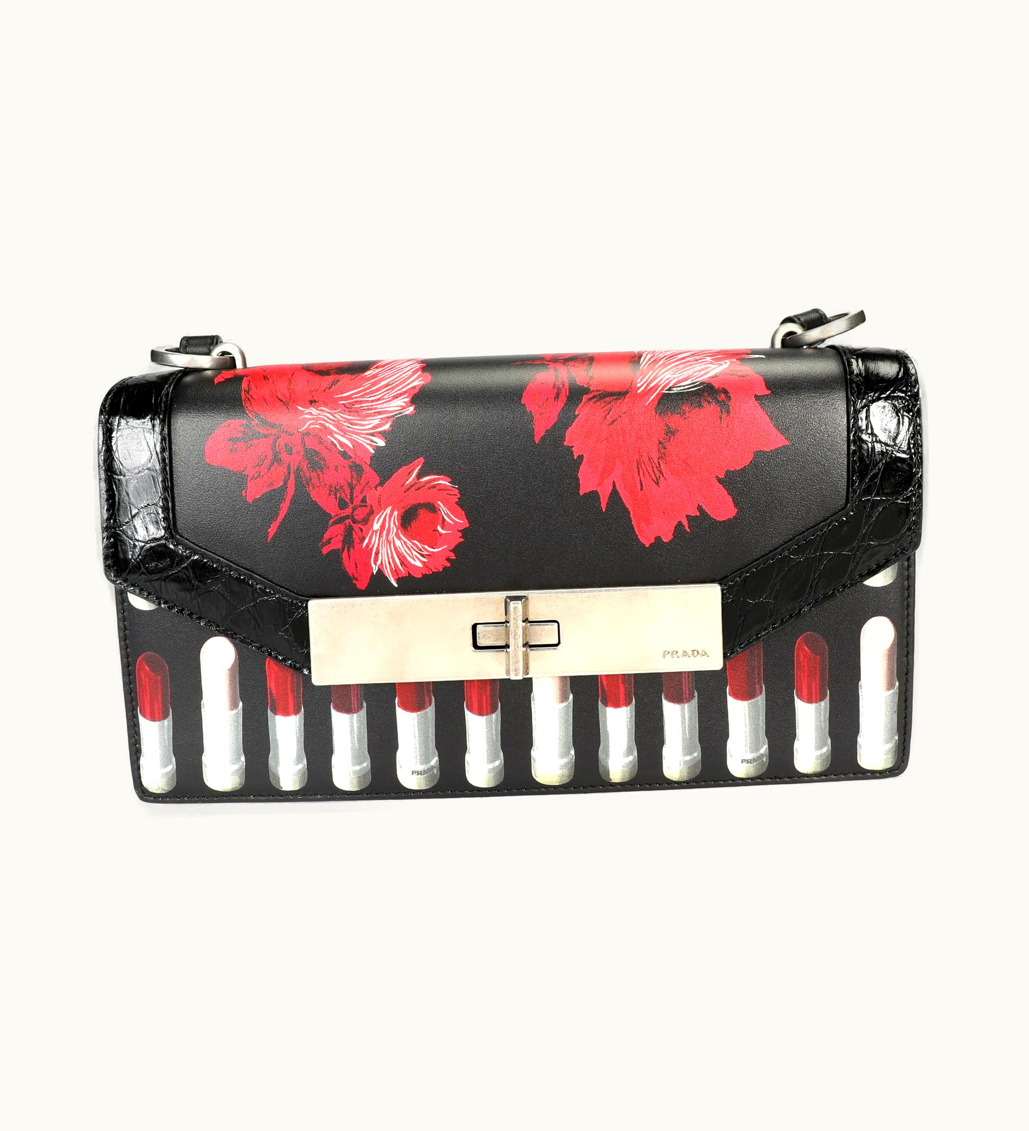 Prada Prada Black Floral & Lipstick Print Leather Severine Bag
