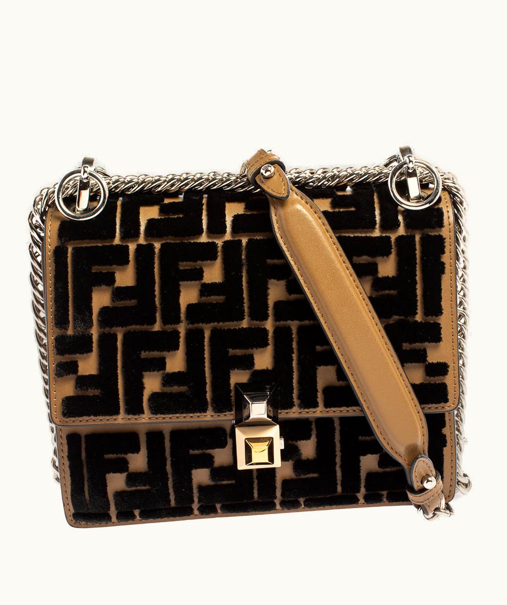 Fendi Fendi Small Kan I Chain Shoulder Bag in Black/Brown Leather and Velvet