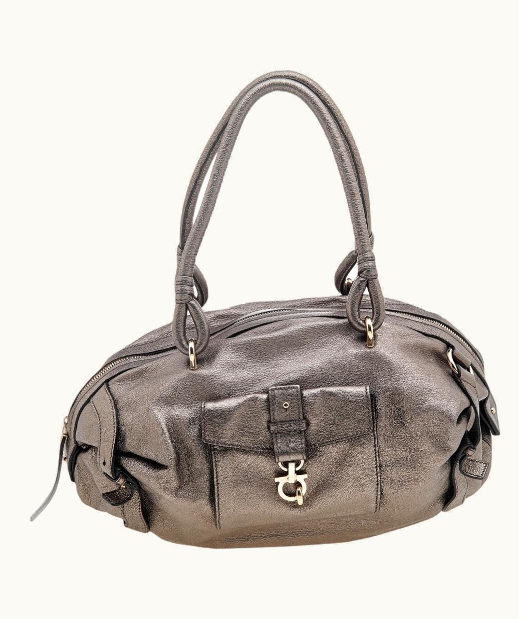 Salvatore Ferragamo Salvatore Ferragamo Metallic Grey Leather Gancini Front Pocket Satchel