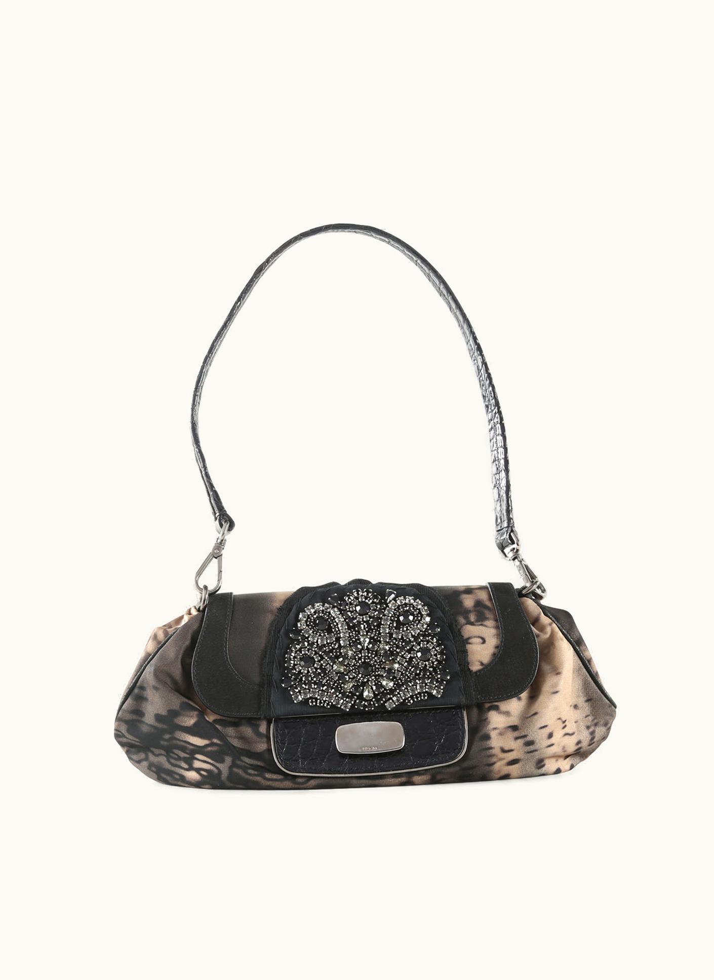 Prada Prada Black & Grey Nylon Rhinestones Embellished Flap Bag