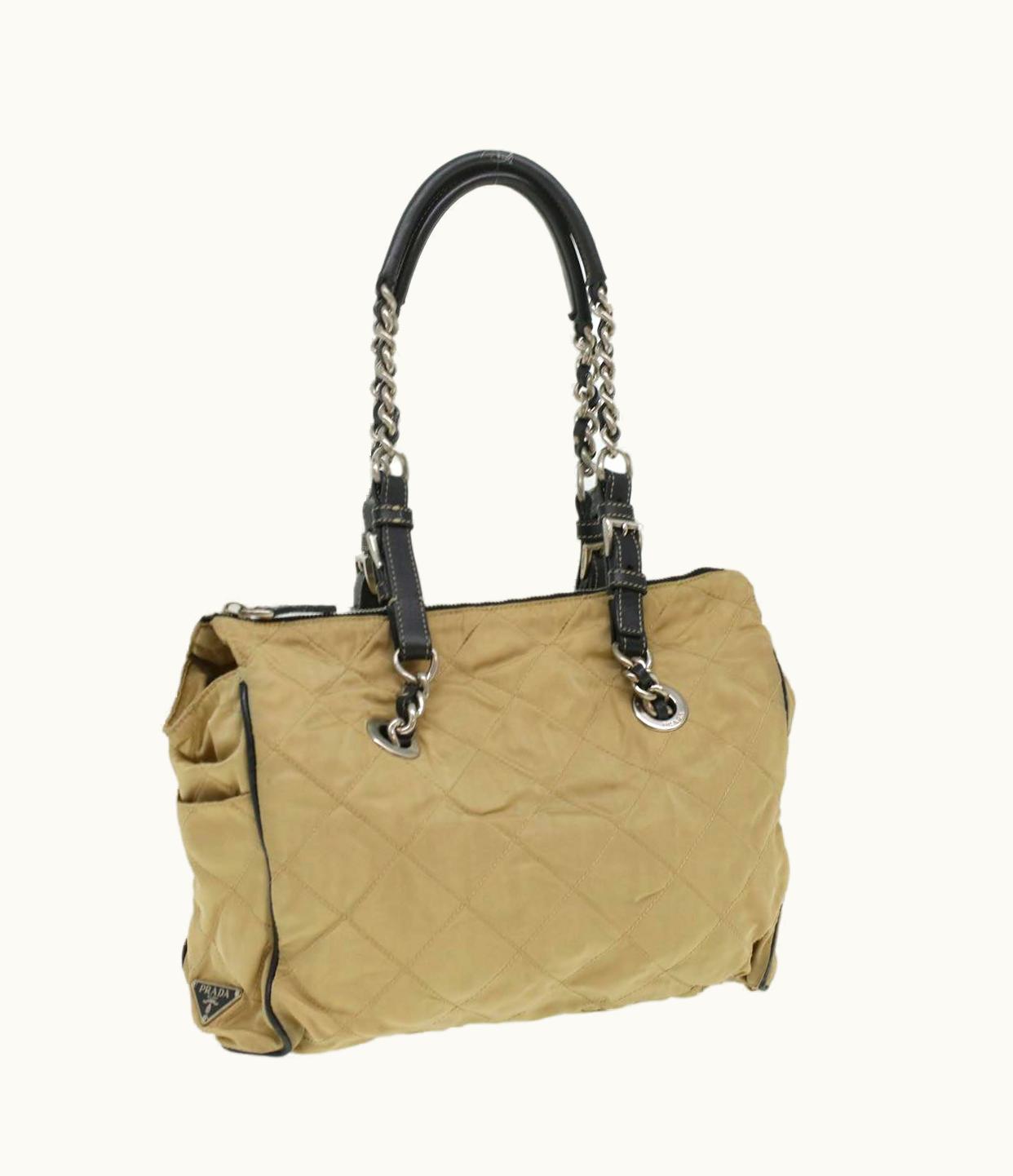 Prada PRADA Quilted Chain Shoulder Bag Nylon Beige