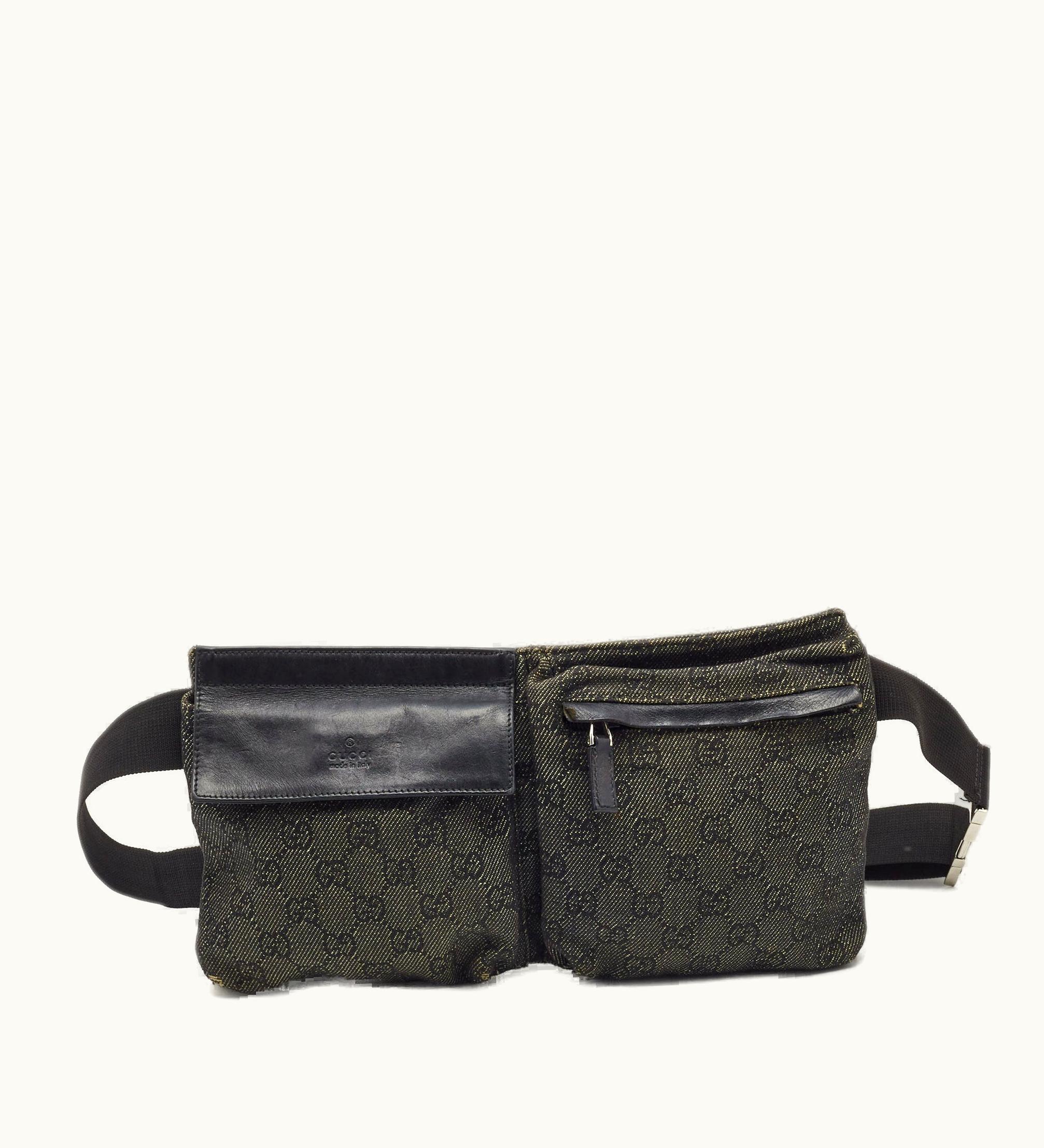 Gucci Gucci Black GG Denim And Leather Double Pocket Belt Bag