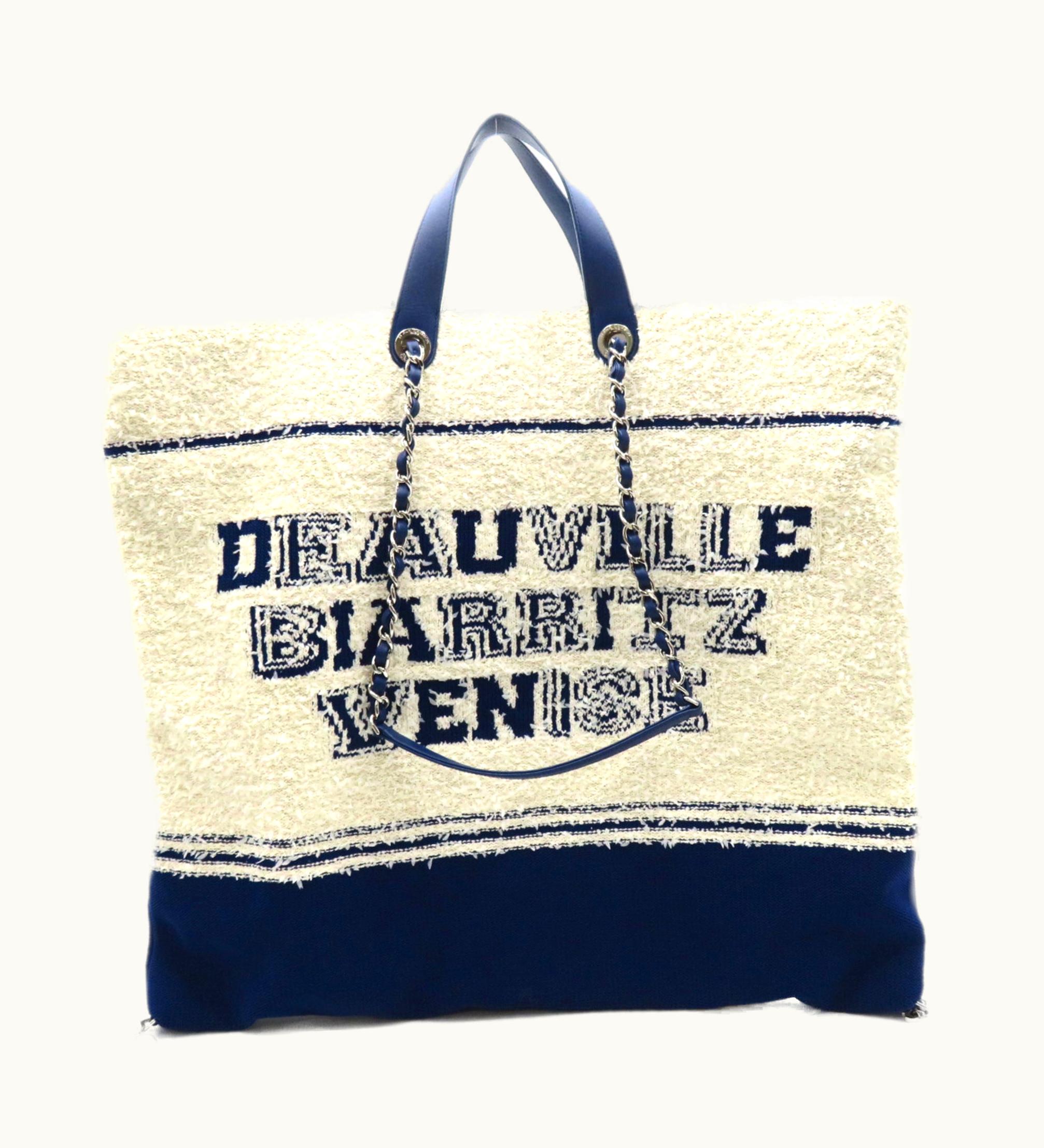 Chanel Chanel Large Shopping Tote Bag Blue White Cotton Leather As0452