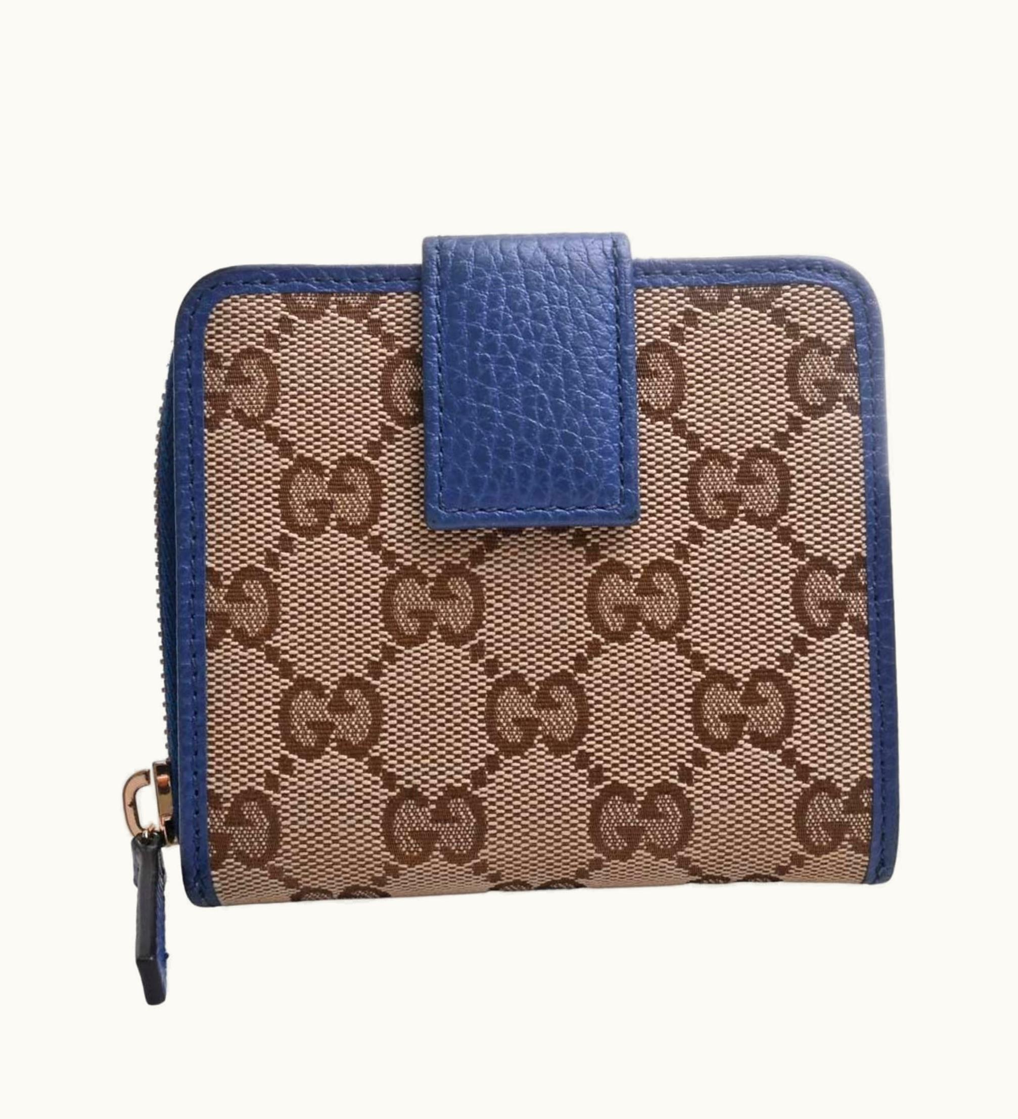 Gucci Gucci GG Canvas Round Zipper Bifold Compact Wallet 346056 Beige/Blue Women's