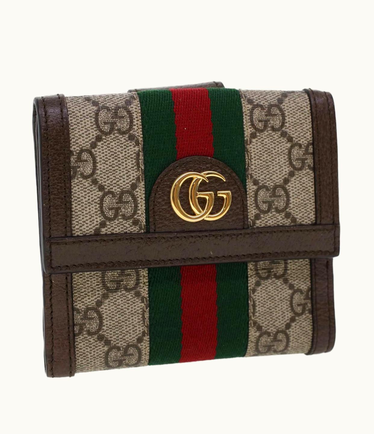 Gucci Gucci GG Canvas Web Sherry Line Trifold Wallet Pvc Leather Beige Red