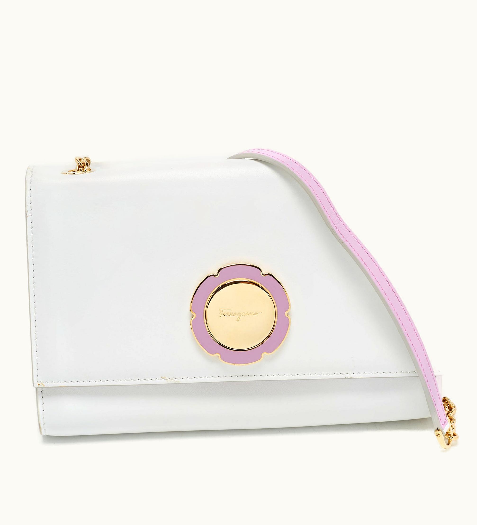 Salvatore Ferragamo Salvatore Ferragamo White Leather Floral Logo Chain Clutch