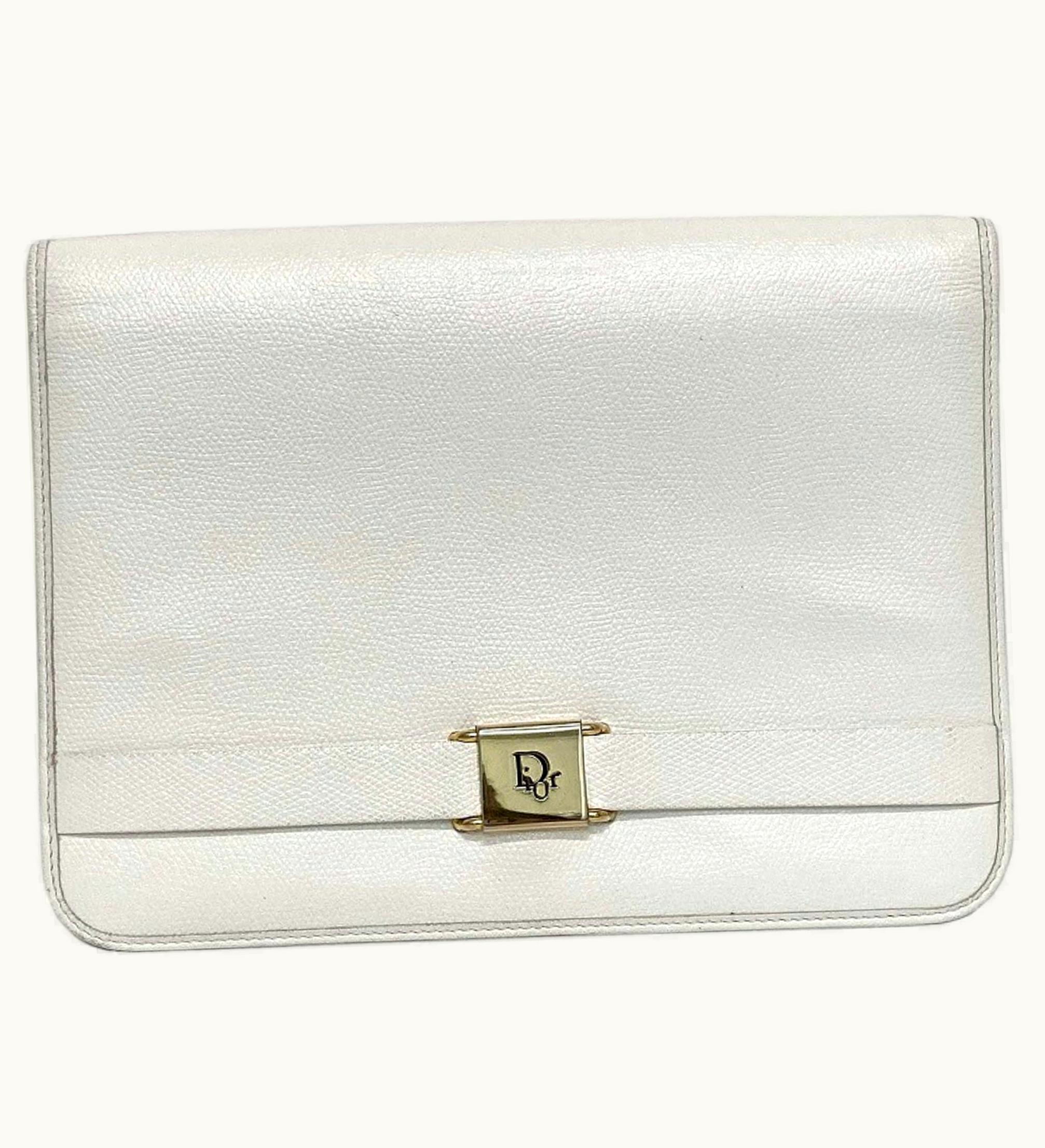 Dior Dior Christian Dior Clutch Bag White Gold Flap Leather Plate Ladies