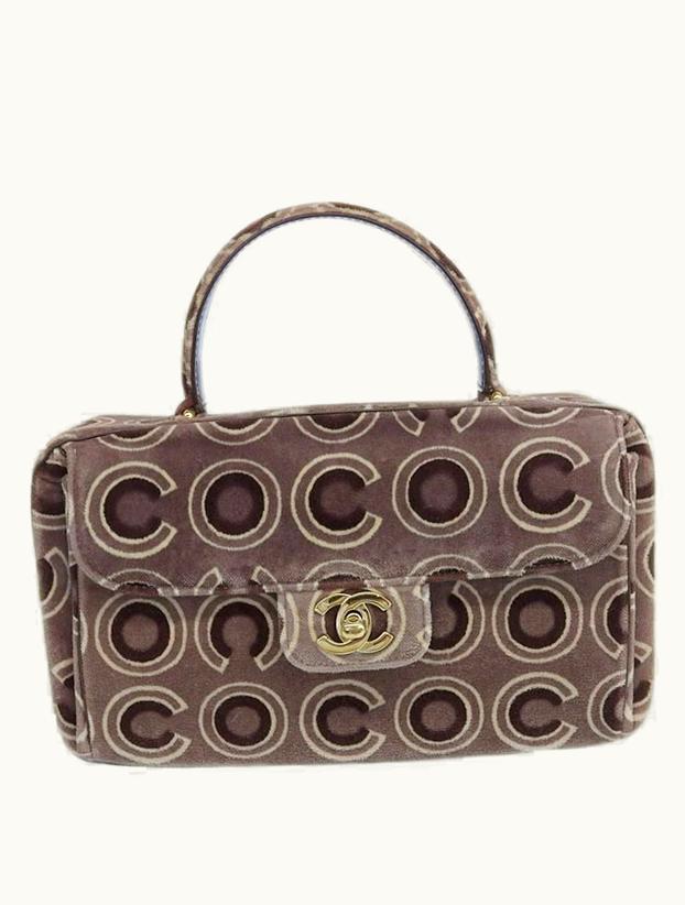 Chanel Chanel Around 2001 Made Velour Logo Pattern Turn-Lock Top Handle Bag Brown
