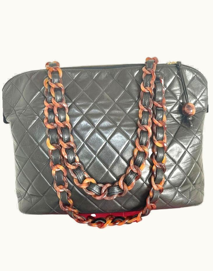 Chanel Chanel Vintage Black Lambskin Large Tote Bag With Brown Plastic Chains And CC Mark Charm To The Lampo Zipper